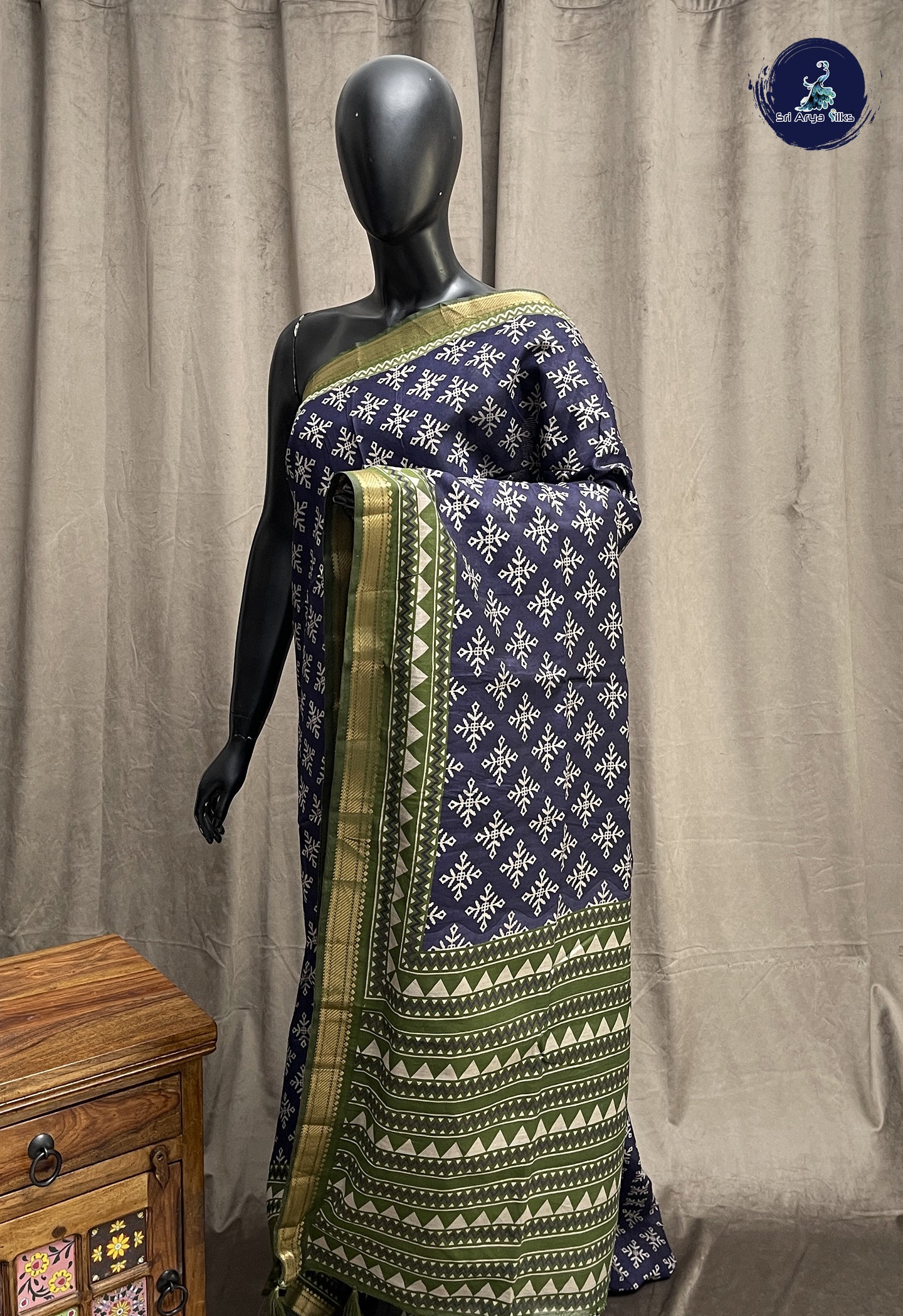 Navy Blue Semi Chanderi Saree With Printed Pattern