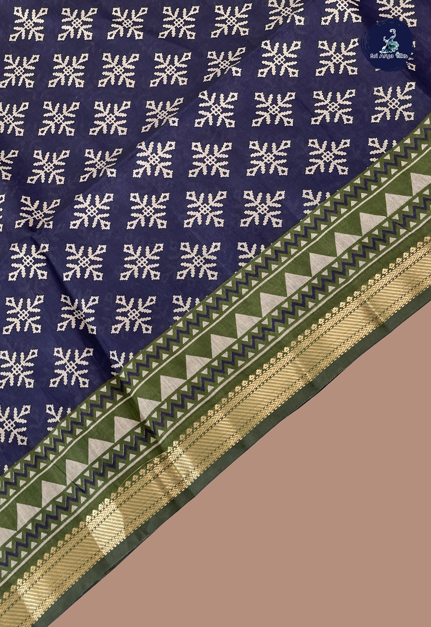 Navy Blue Semi Chanderi Saree With Printed Pattern