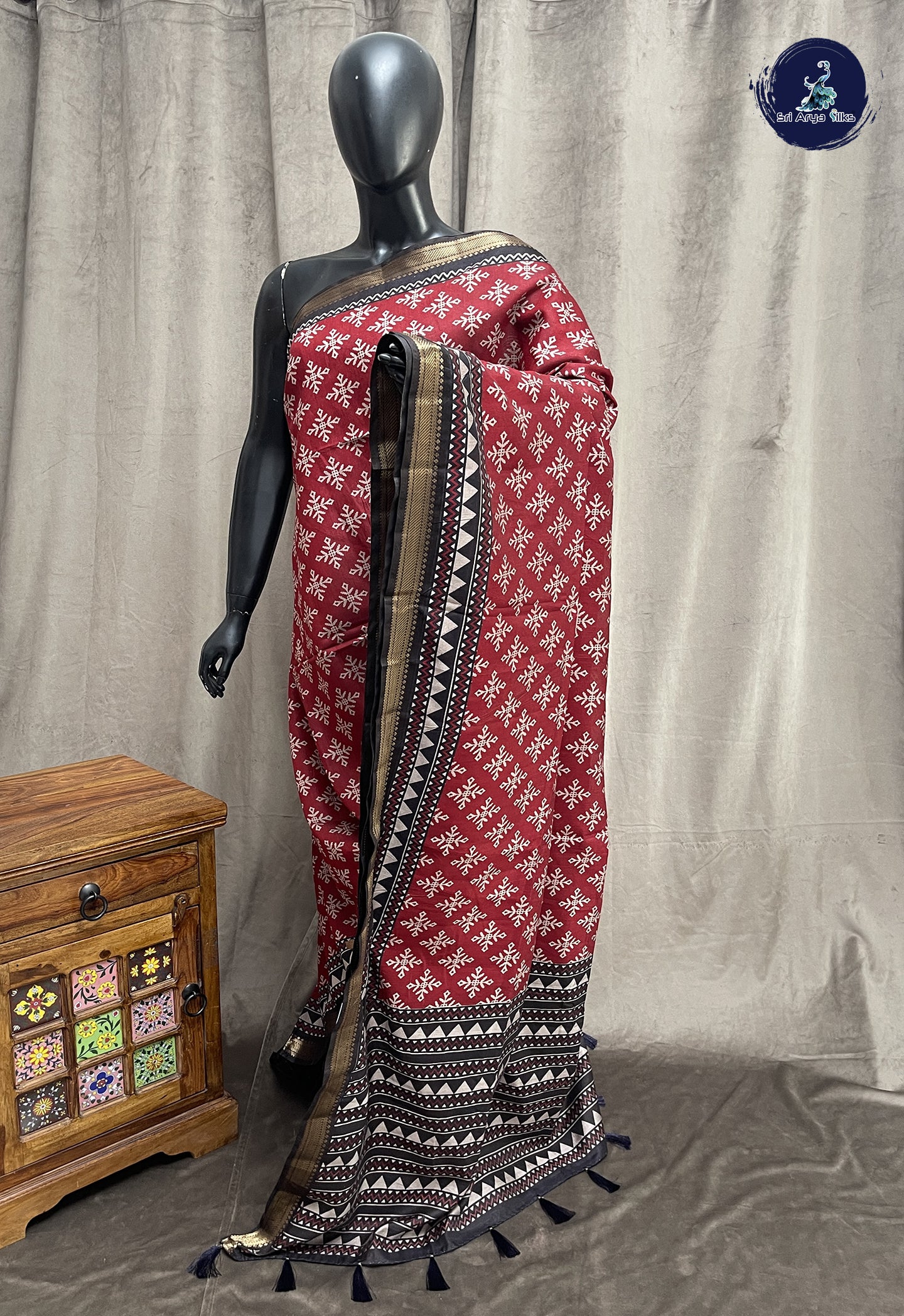 Maroon Semi Chanderi Saree With Printed Pattern