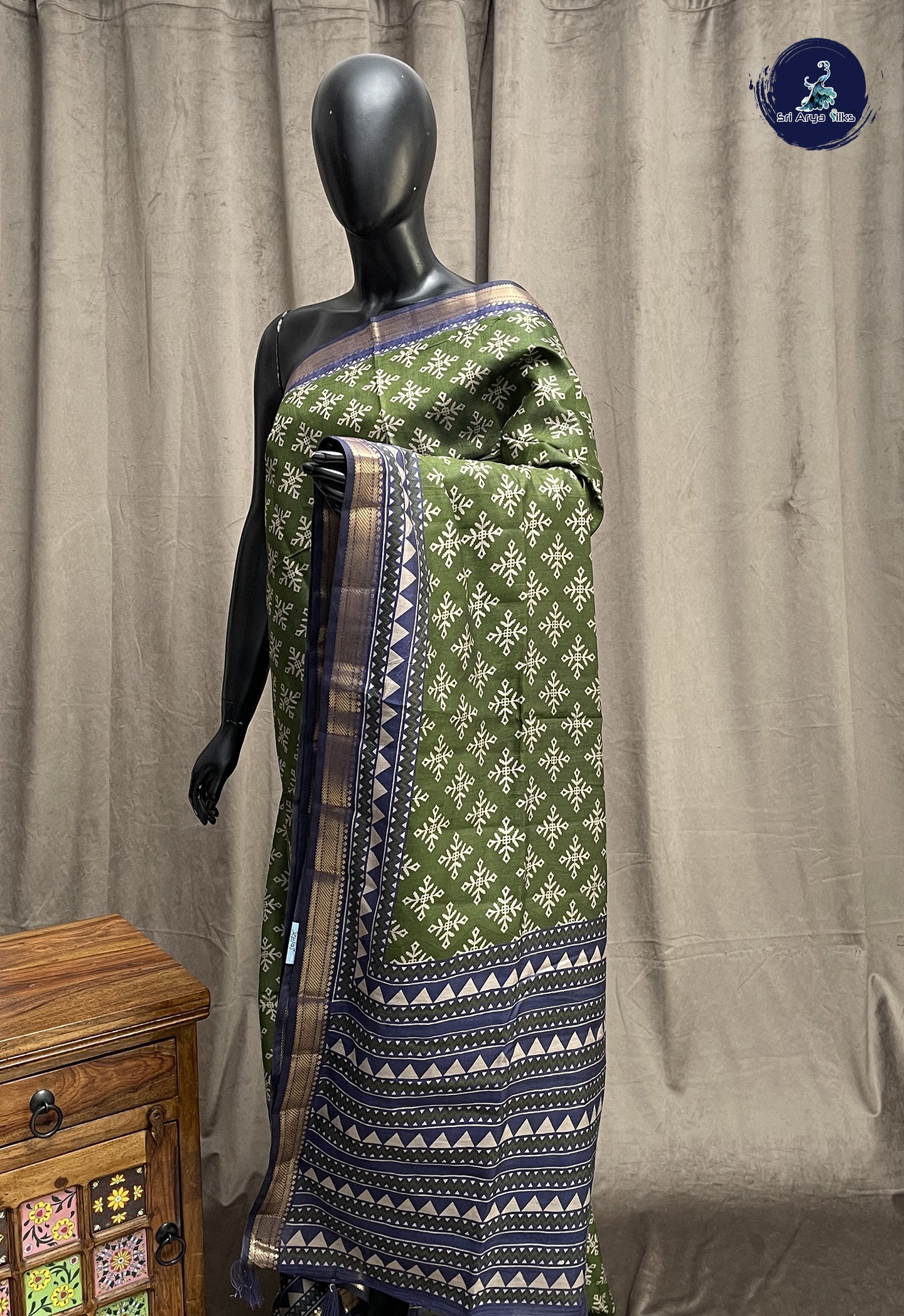 Green Semi Chanderi Saree With Printed Pattern