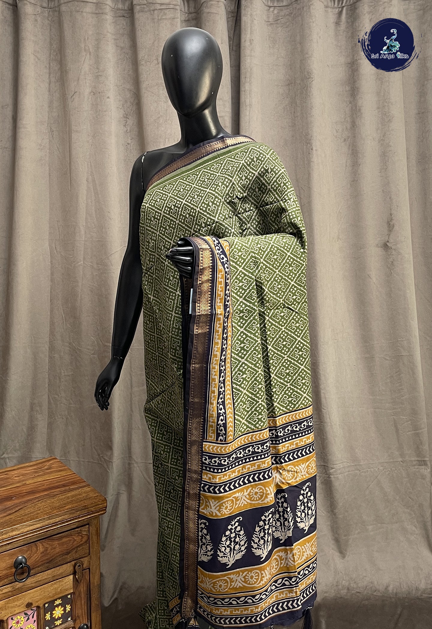 Green Semi Chanderi Saree With Printed Pattern