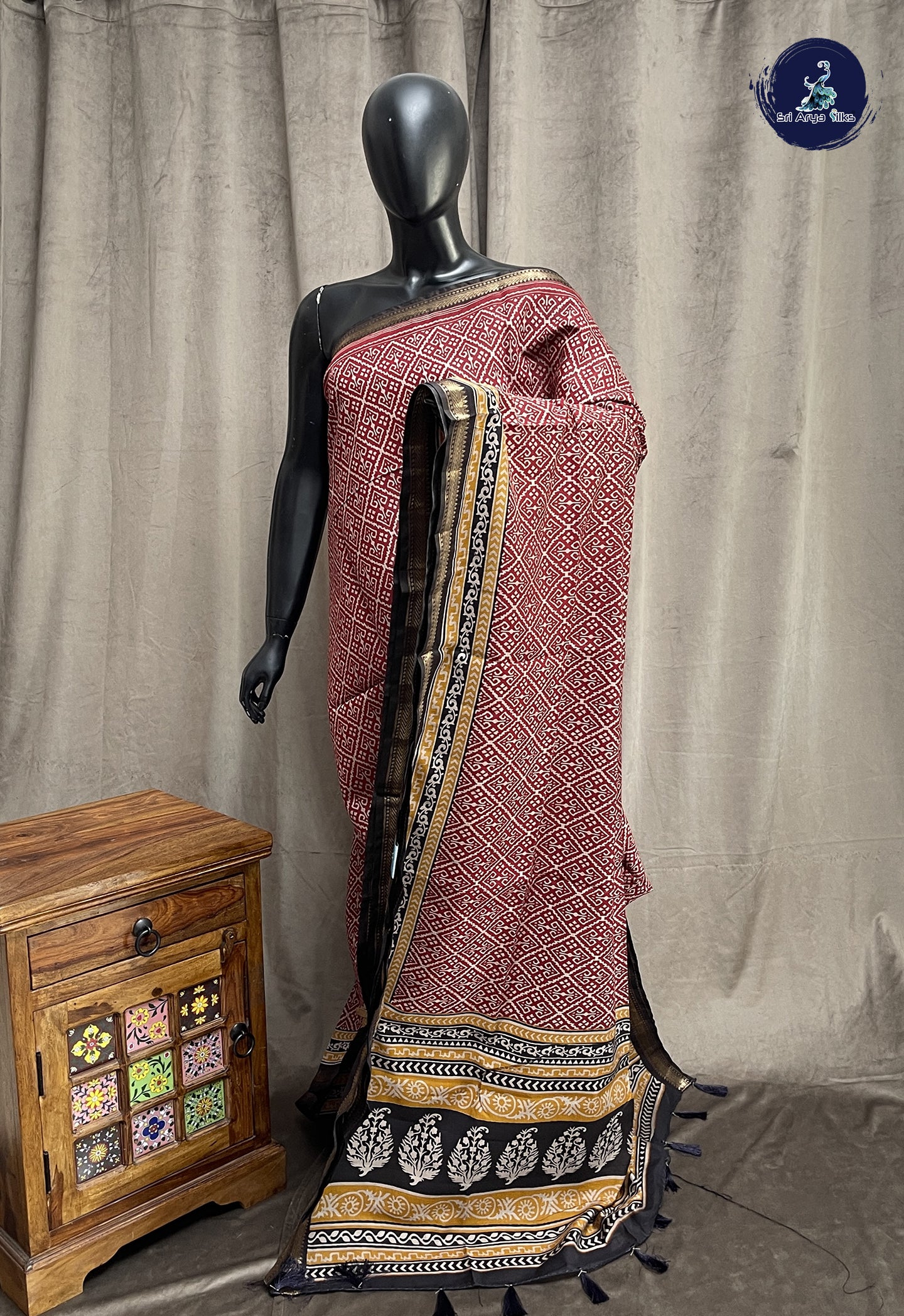 Maroon Semi Chanderi Saree With Printed Pattern