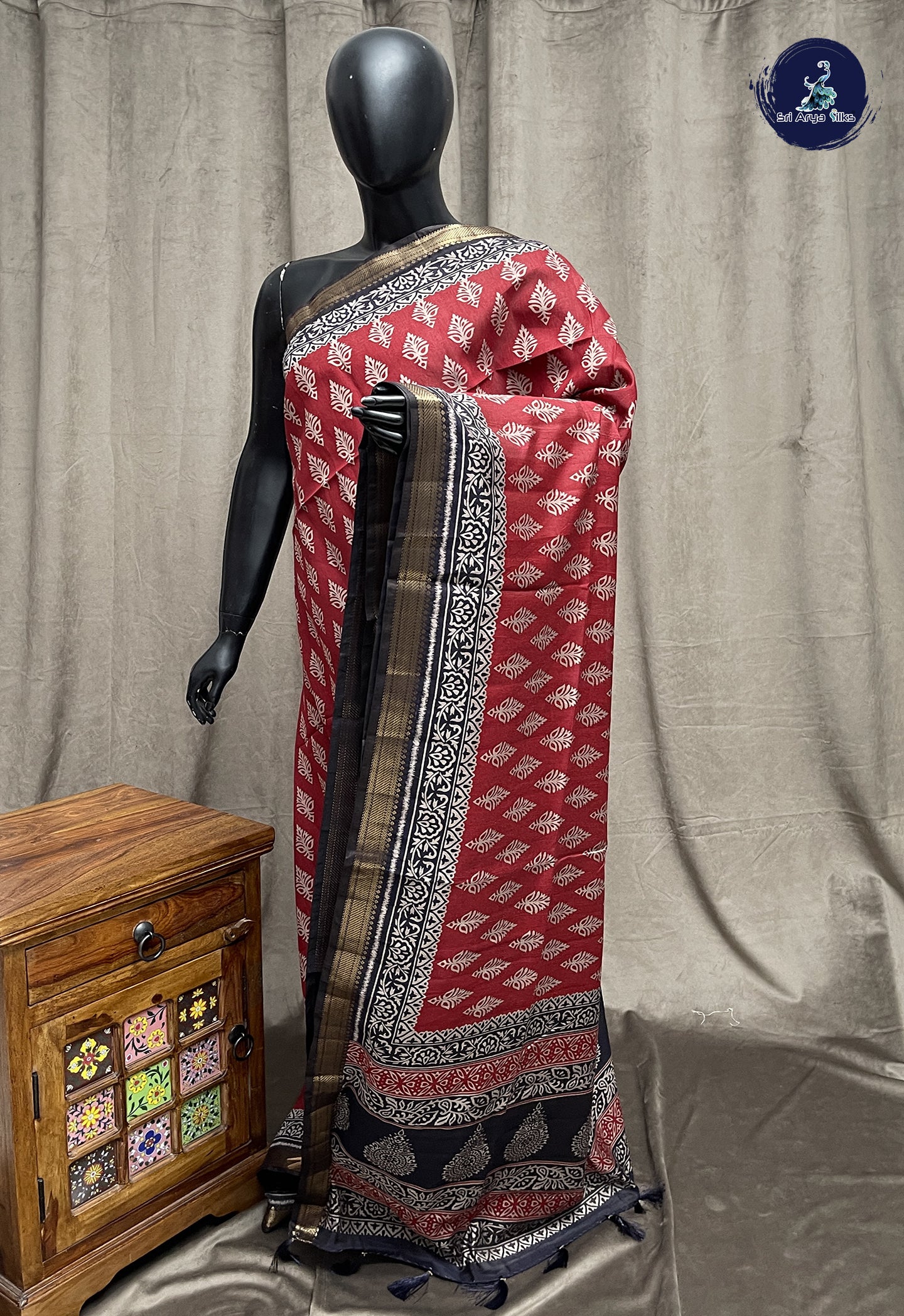 Maroon Semi Chanderi Saree With Printed Pattern