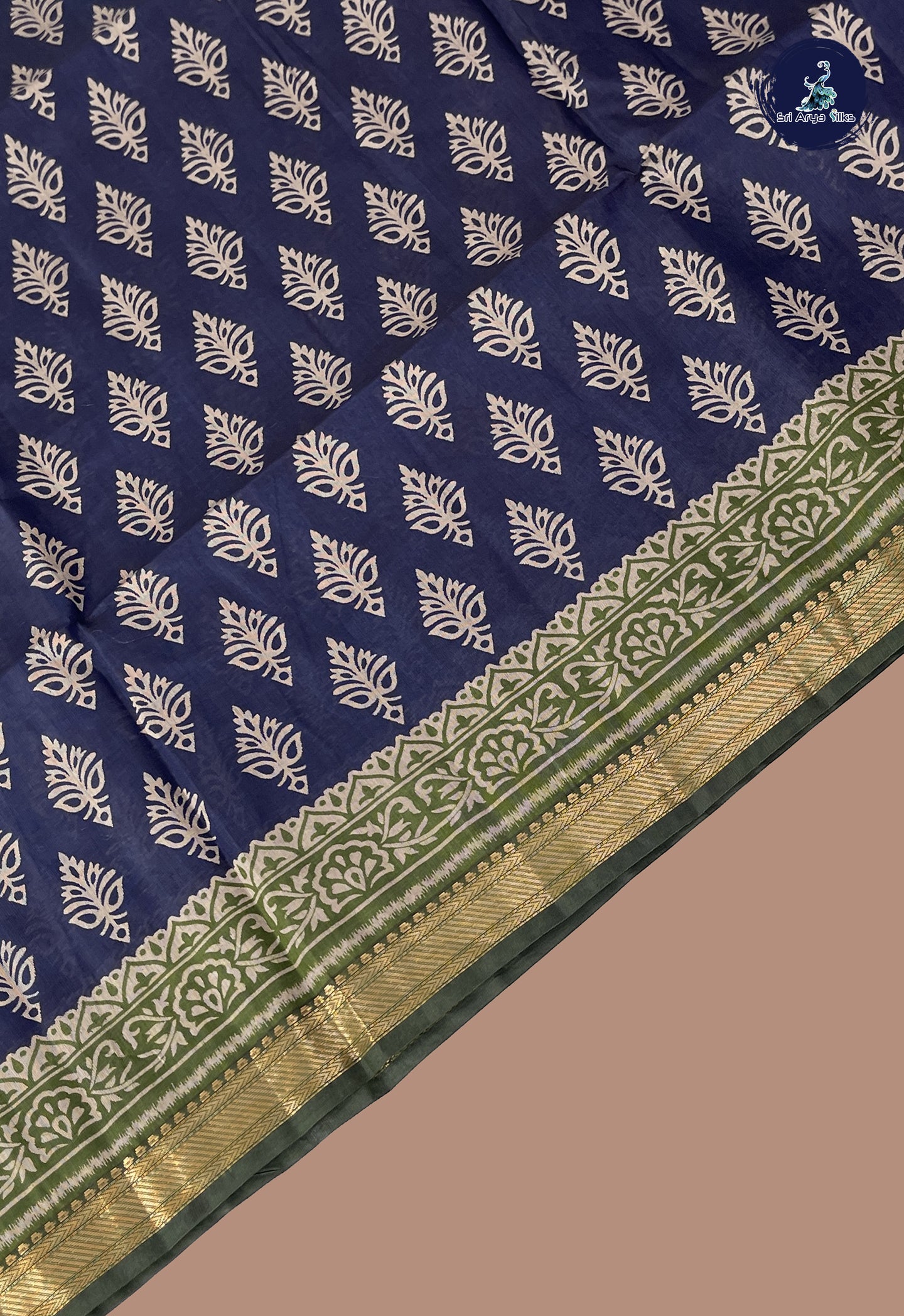Navy Blue Semi Chanderi Saree With Printed Pattern