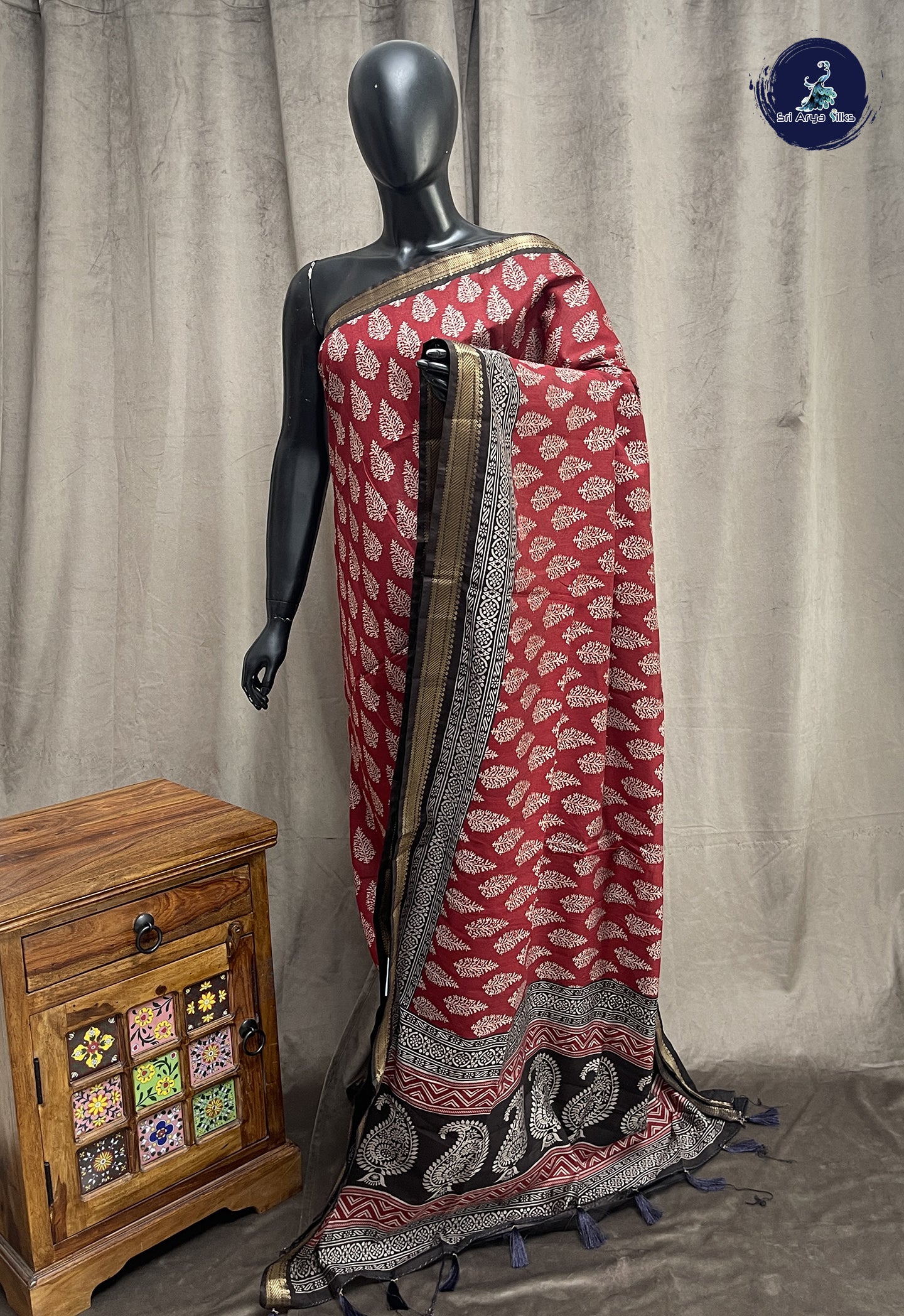 Maroon Semi Chanderi Saree With Printed Pattern