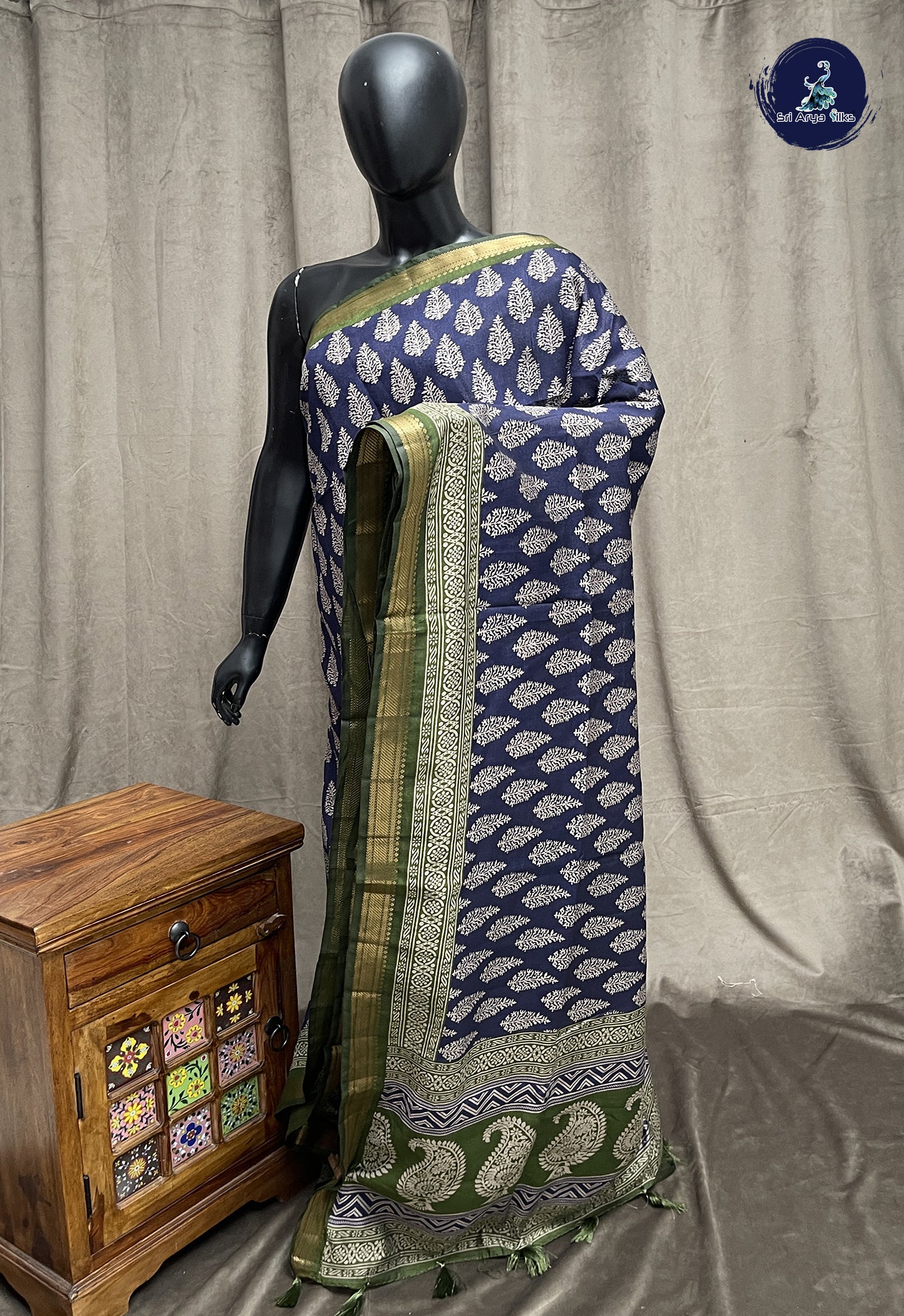 Navy Blue Semi Chanderi Saree With Printed Pattern