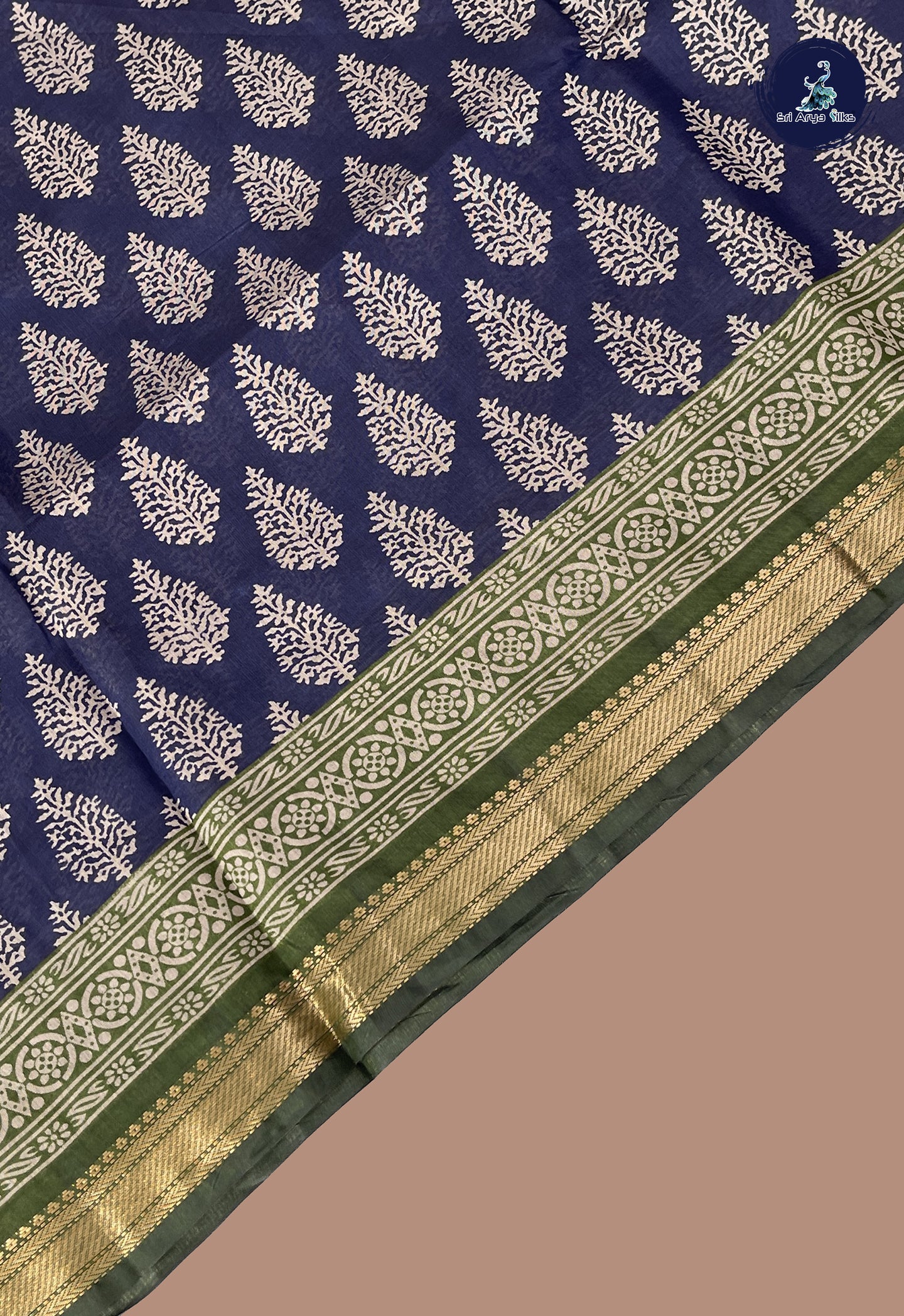 Navy Blue Semi Chanderi Saree With Printed Pattern