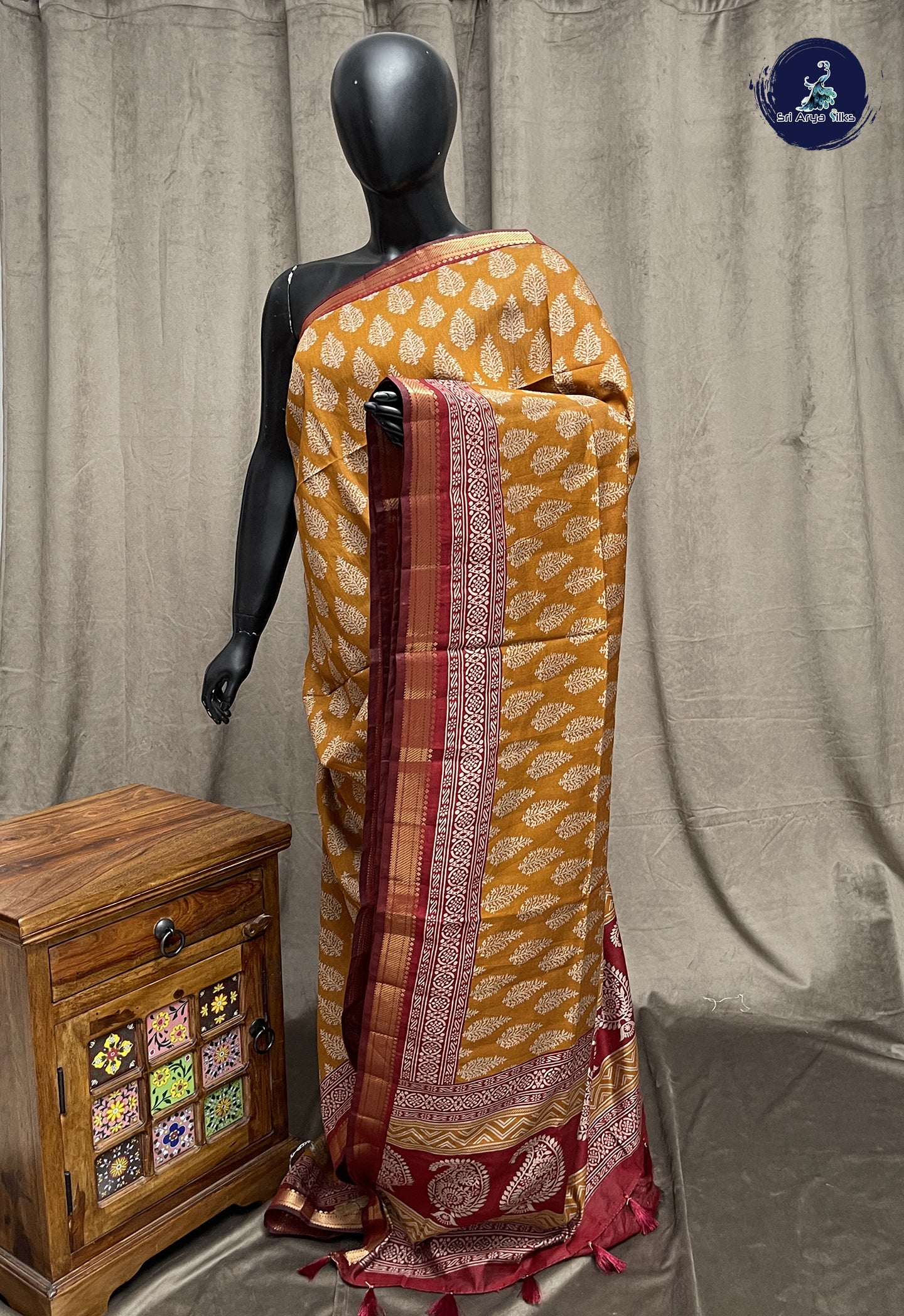 Mustard Yellow Semi Chanderi Saree With Printed Pattern