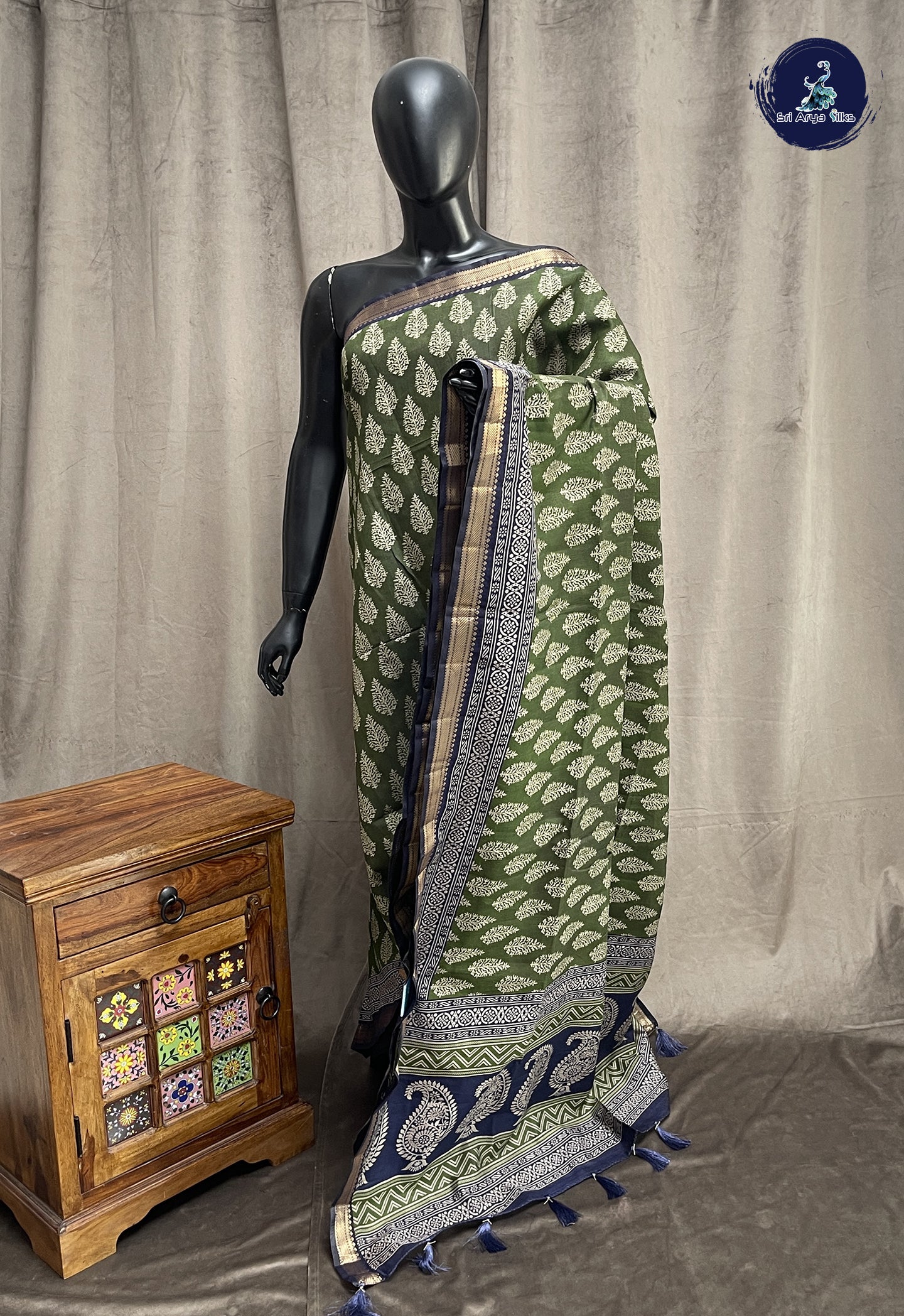 Green Semi Chanderi Saree With Printed Pattern