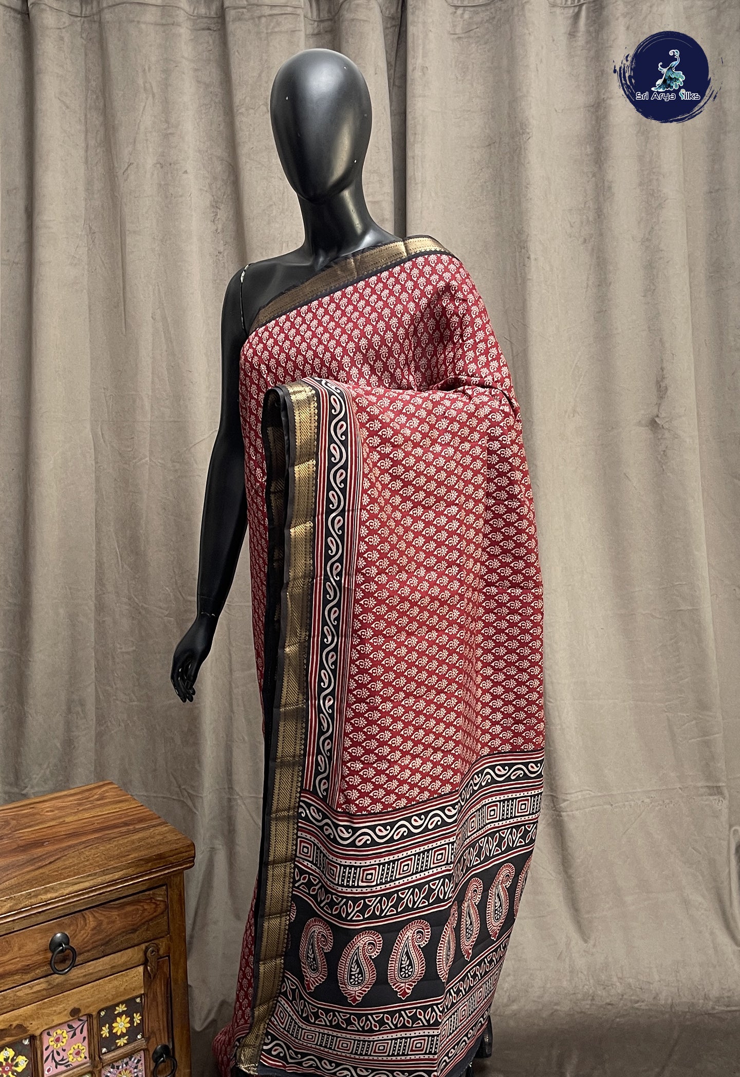 Maroon Semi Chanderi Saree With Printed Pattern