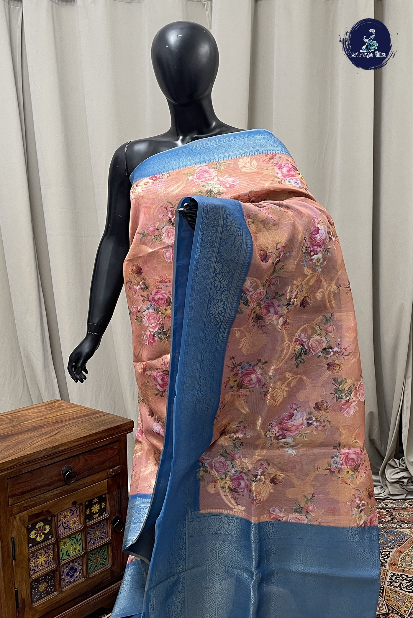 Peach Semi Banarasi Saree With Printed Pattern