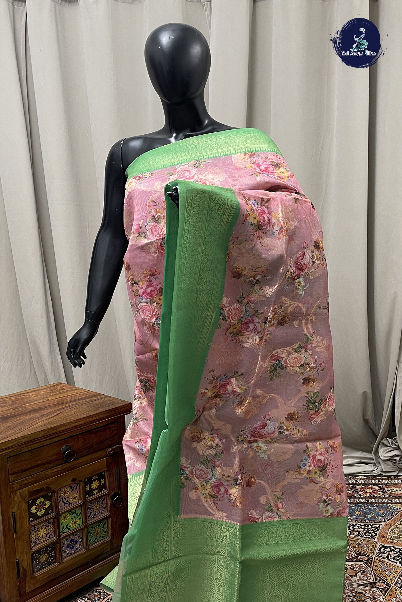 Pink Semi Banarasi Saree With Printed Pattern