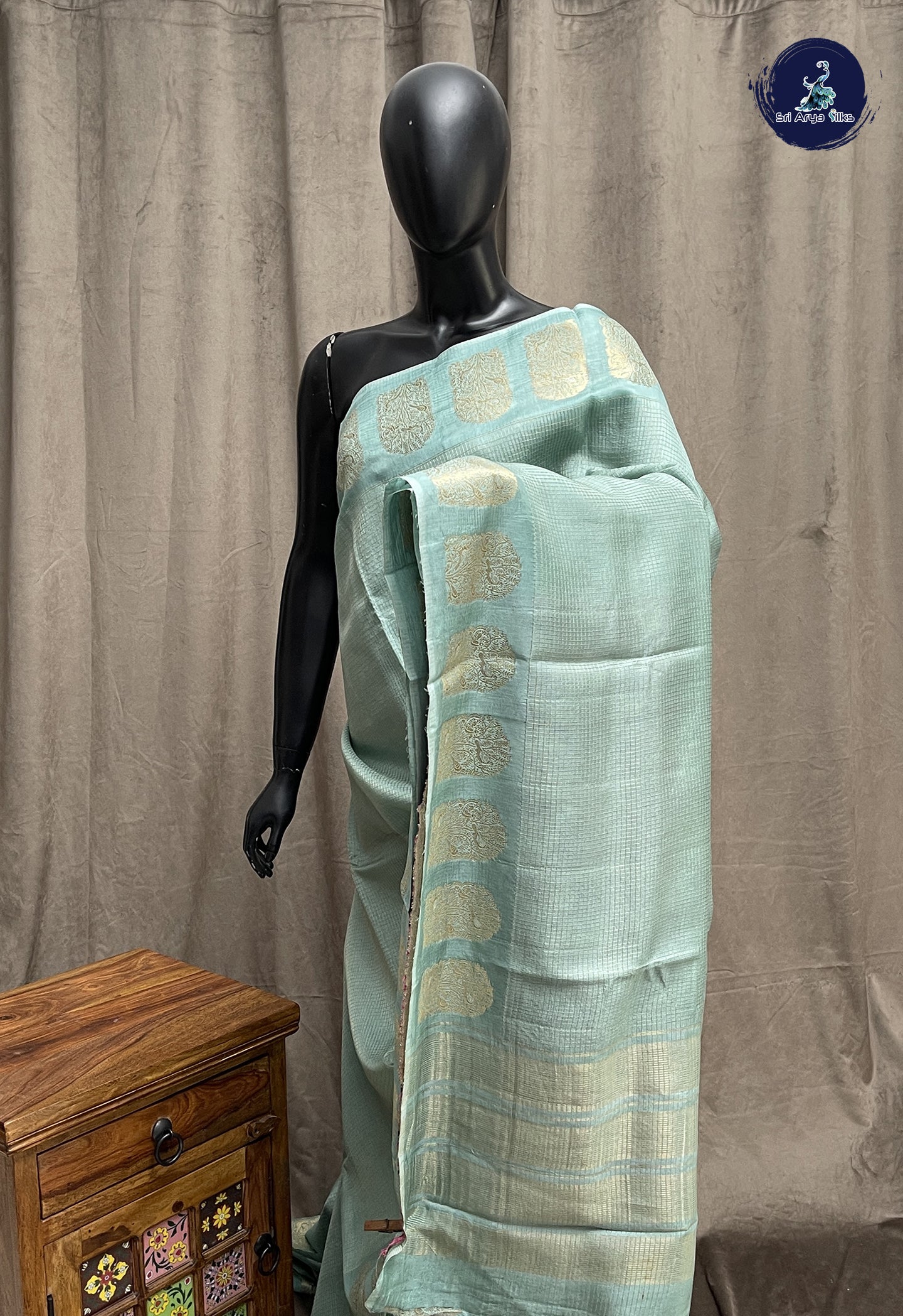 Light Blue Semi Banarasi Saree With Zari Checked Pattern