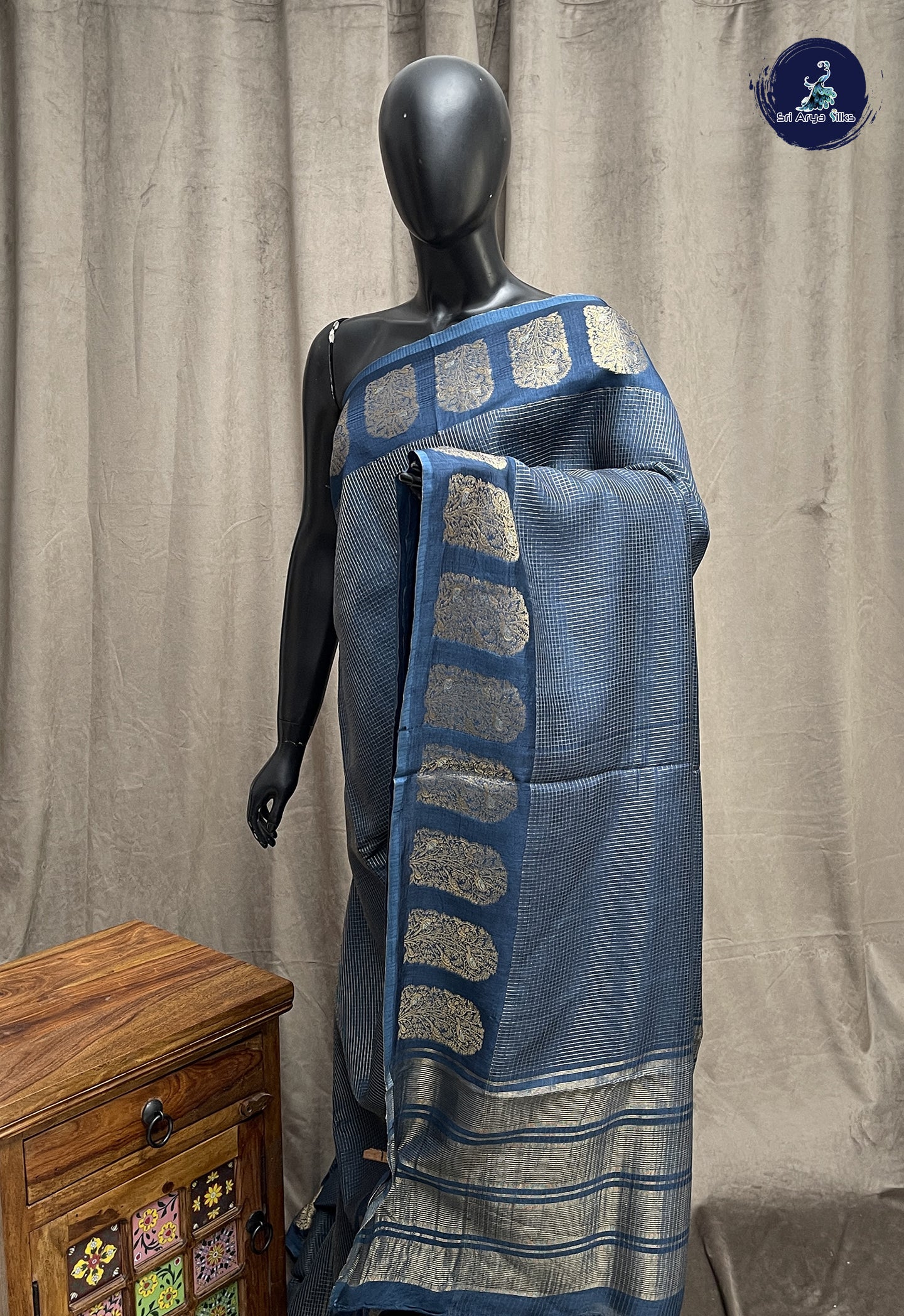 Dark Blue Semi Banarasi Saree With Zari Checked Pattern