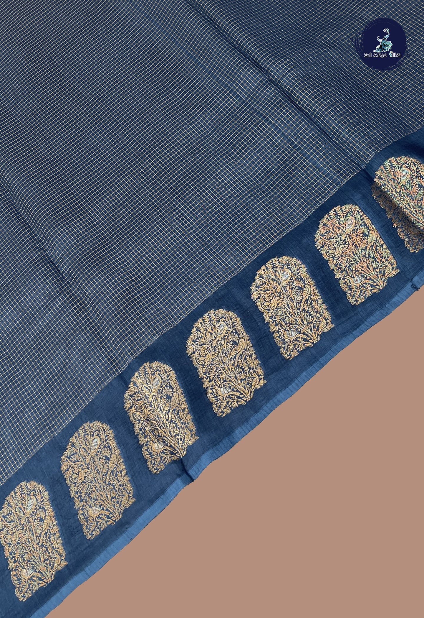 Dark Blue Semi Banarasi Saree With Zari Checked Pattern