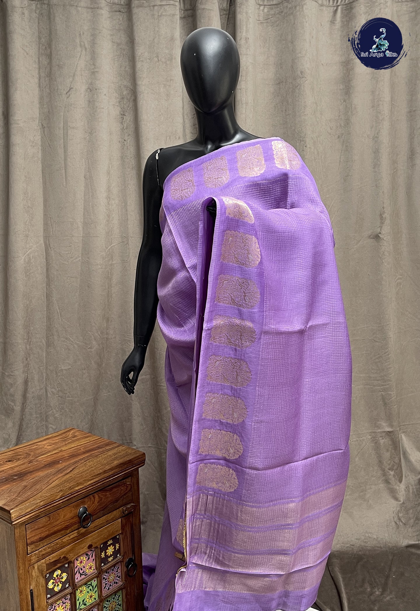 Lavender Semi Banarasi Saree With Zari Checked Pattern