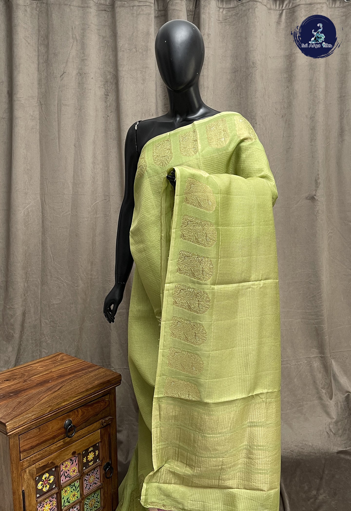 Pastel Green Semi Banarasi Saree With Zari Checked Pattern
