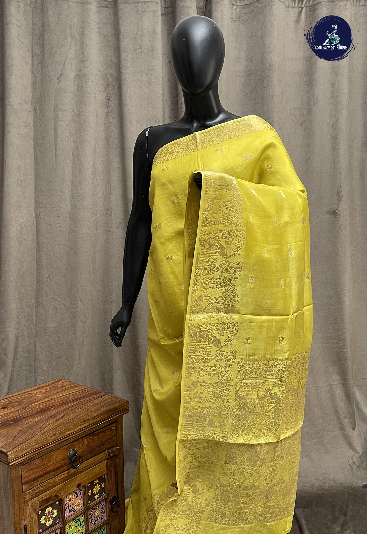 Yellow Semi Banarasi Saree With Zari Buttas Pattern