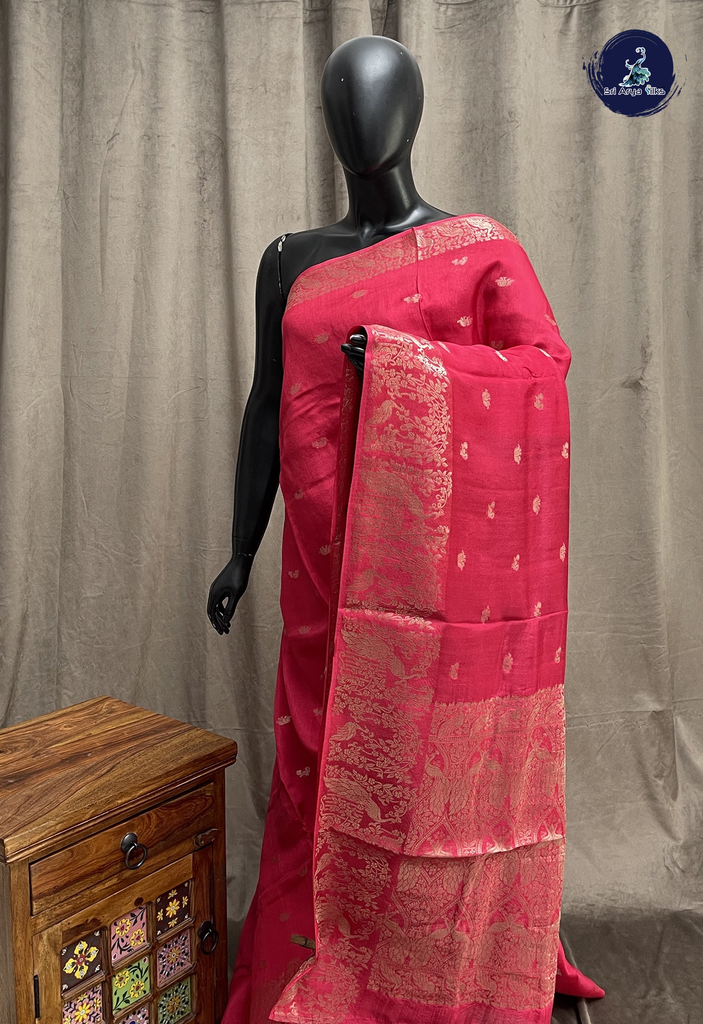 Dark Pink Semi Banarasi Saree With Zari Buttas Pattern