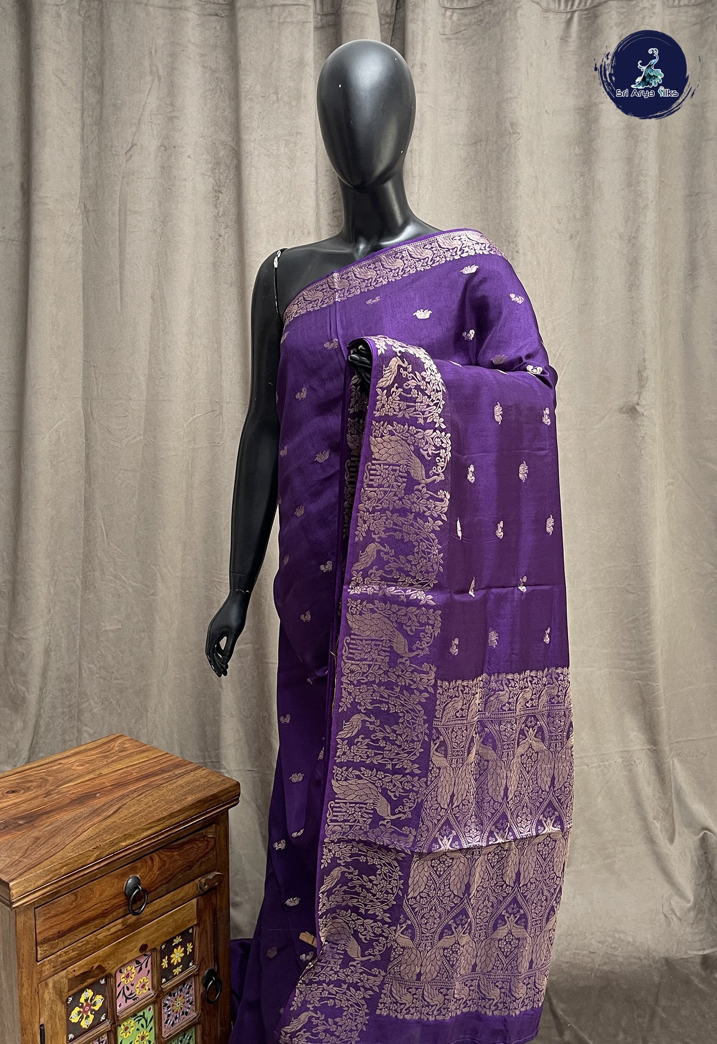 Dark Violet Semi Banarasi Saree With Zari Buttas Pattern