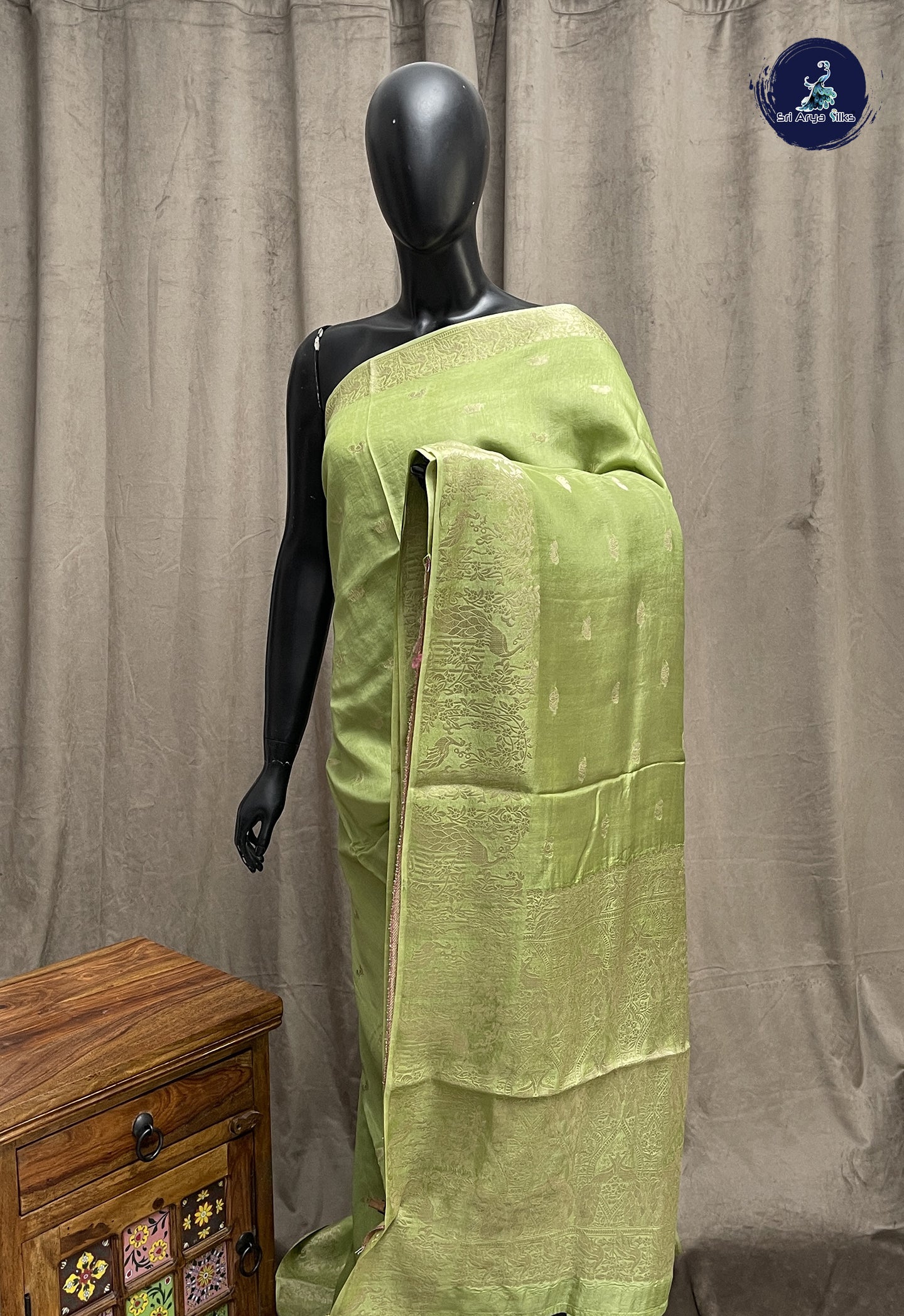 Pastel Green Semi Banarasi Saree With Zari Buttas Pattern