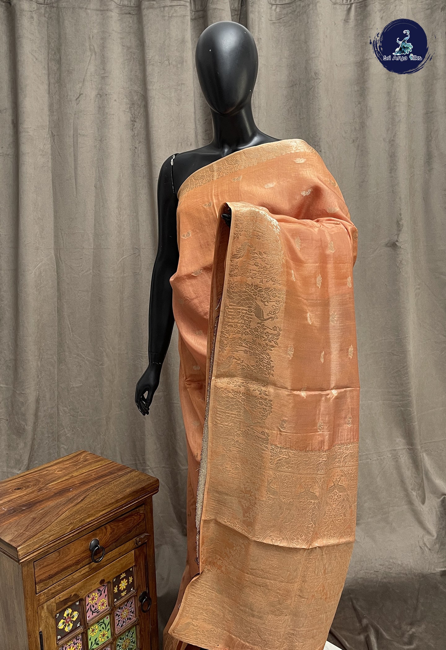 Light Peach Semi Banarasi Saree With Zari Buttas Pattern