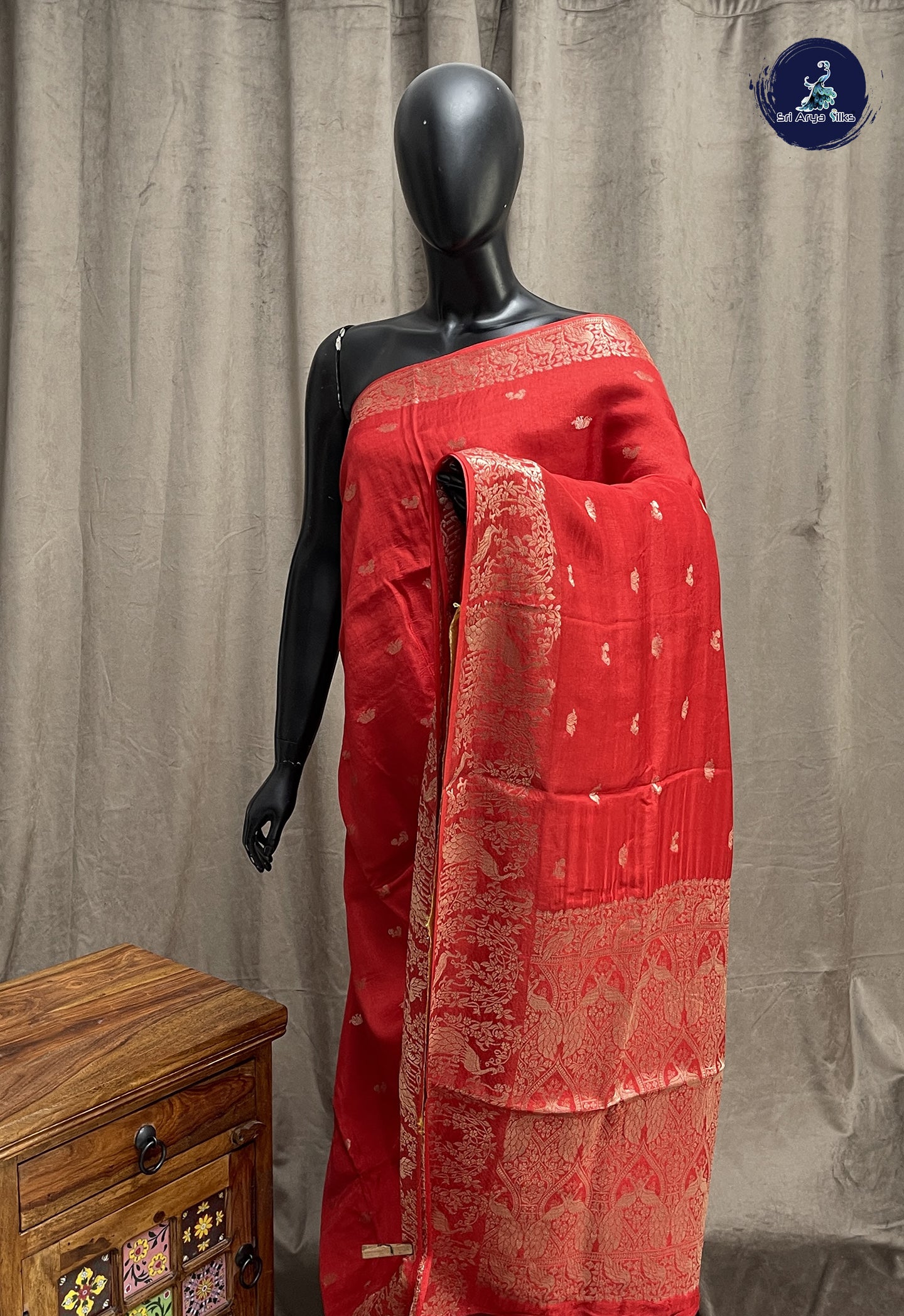 Red Semi Banarasi Saree With Zari Buttas Pattern