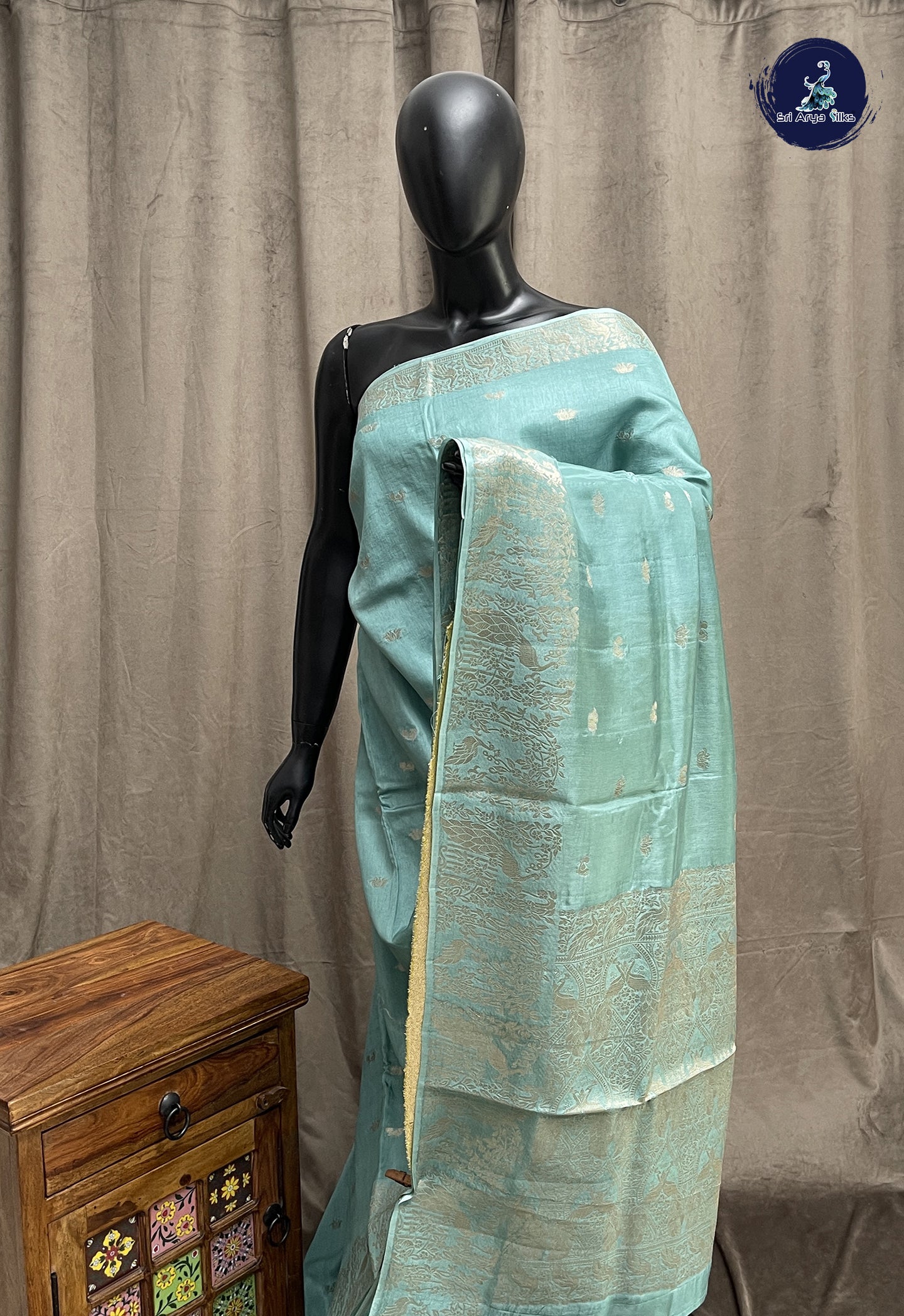 Light Blue Semi Banarasi Saree With Zari Buttas Pattern