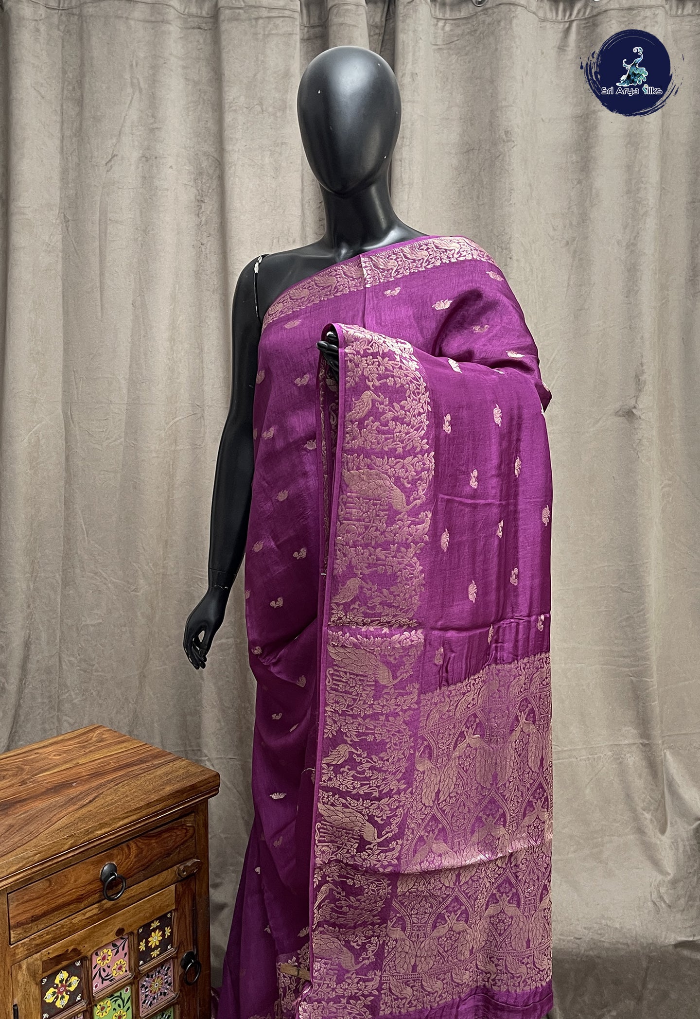 Purple Semi Banarasi Saree With Zari Buttas Pattern