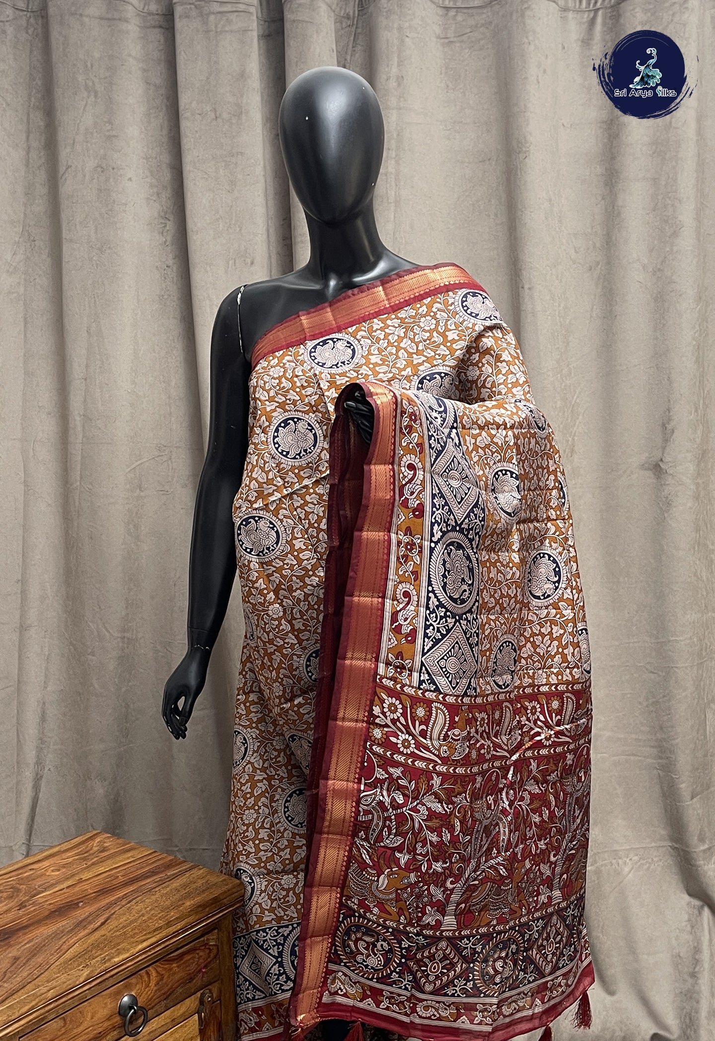 Mustard Yellow Semi Chanderi Saree With Printed Pattern