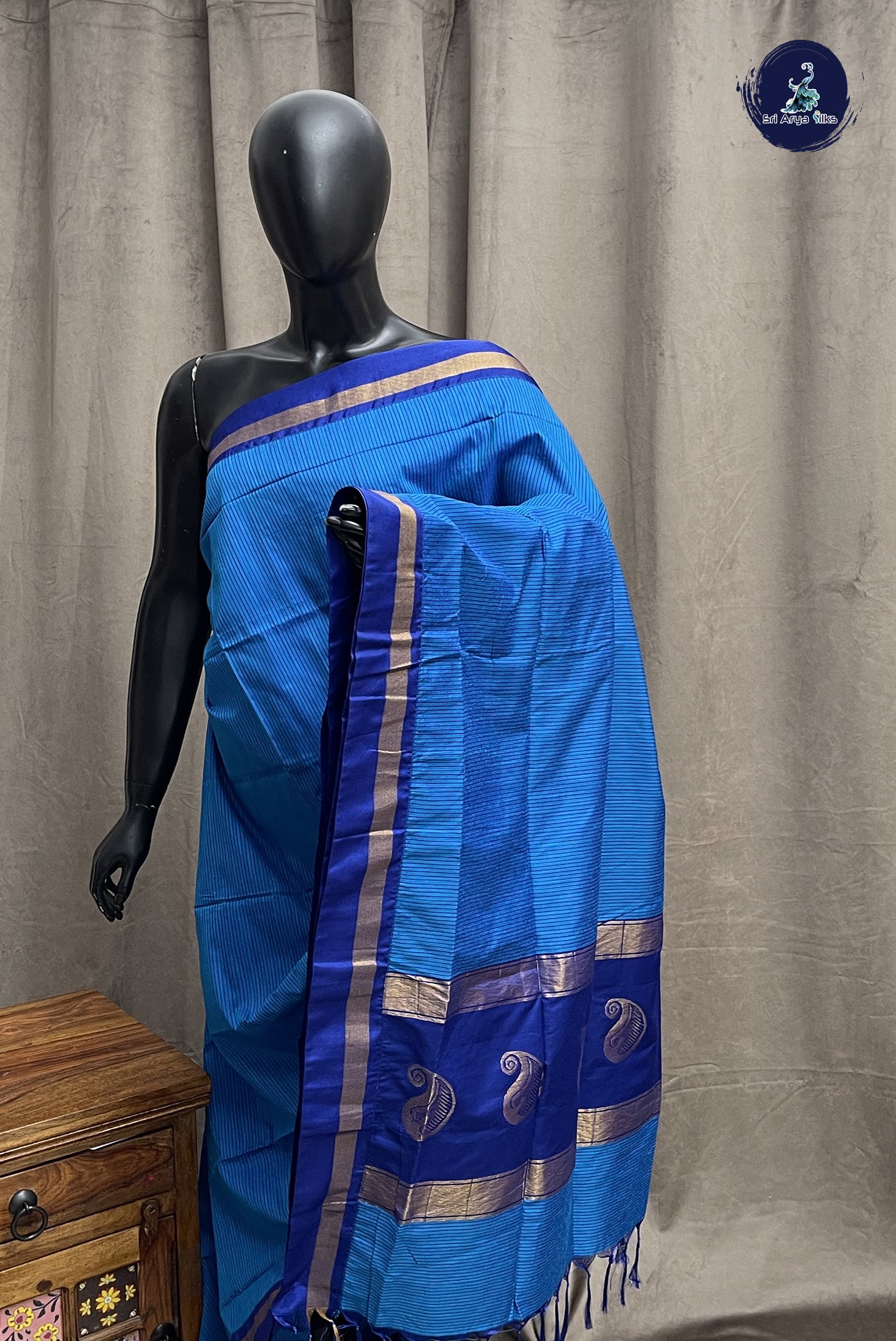 Copper Sulphate Blue Budget Semi Silk Cotton Saree With Stripes Pattern