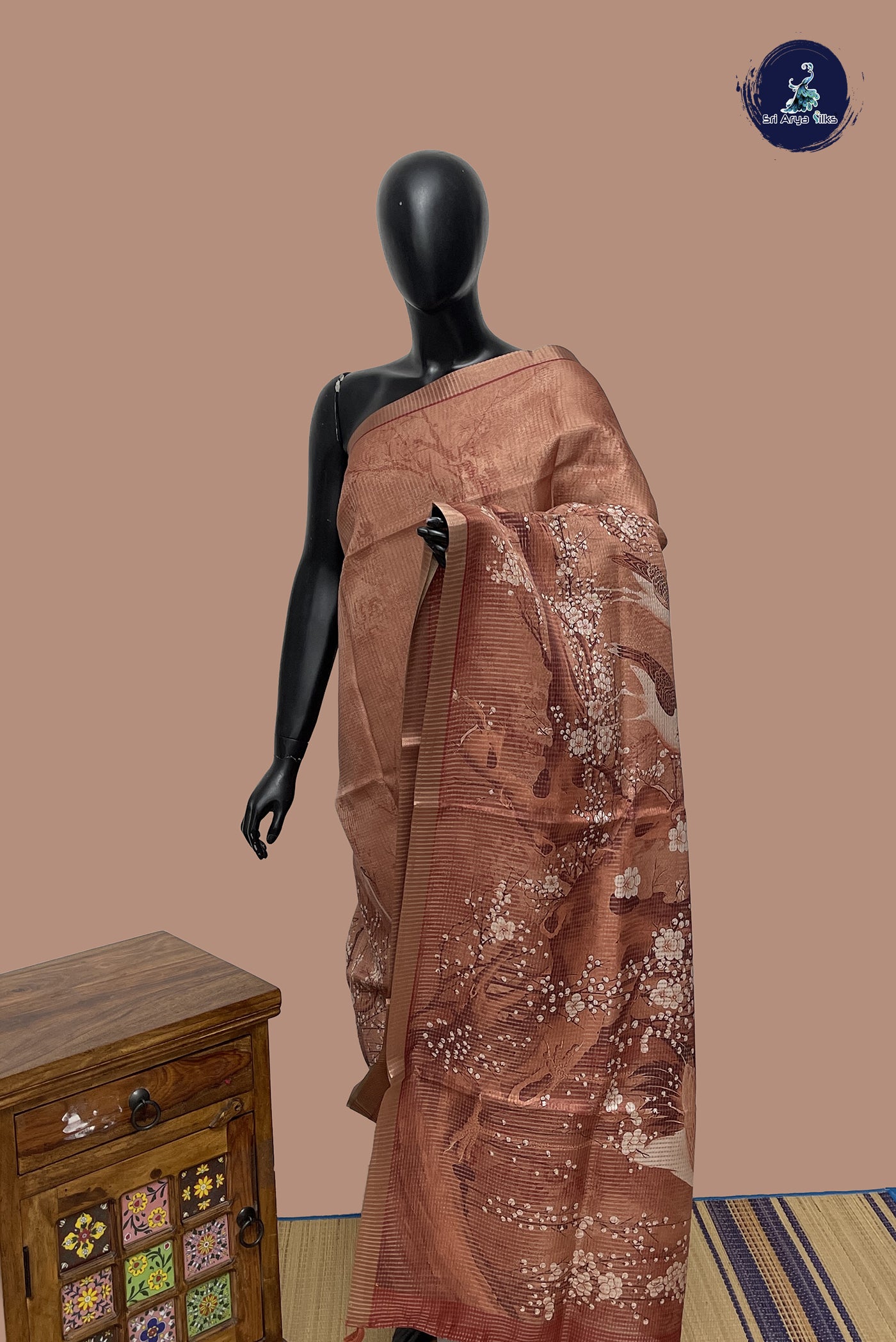 Brown Semi Tussar Saree With Printed Pattern