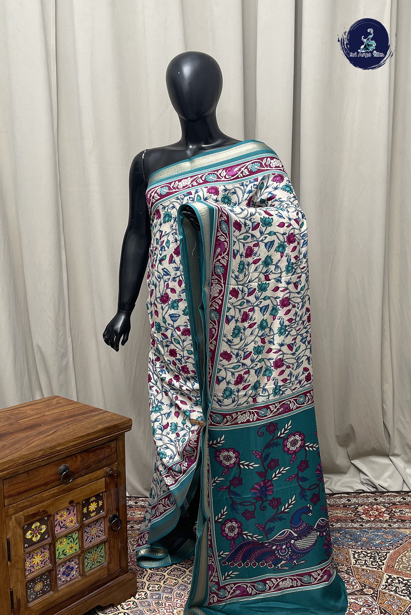 Off White Semi Dola Silk Saree With Kalamkari Pattern