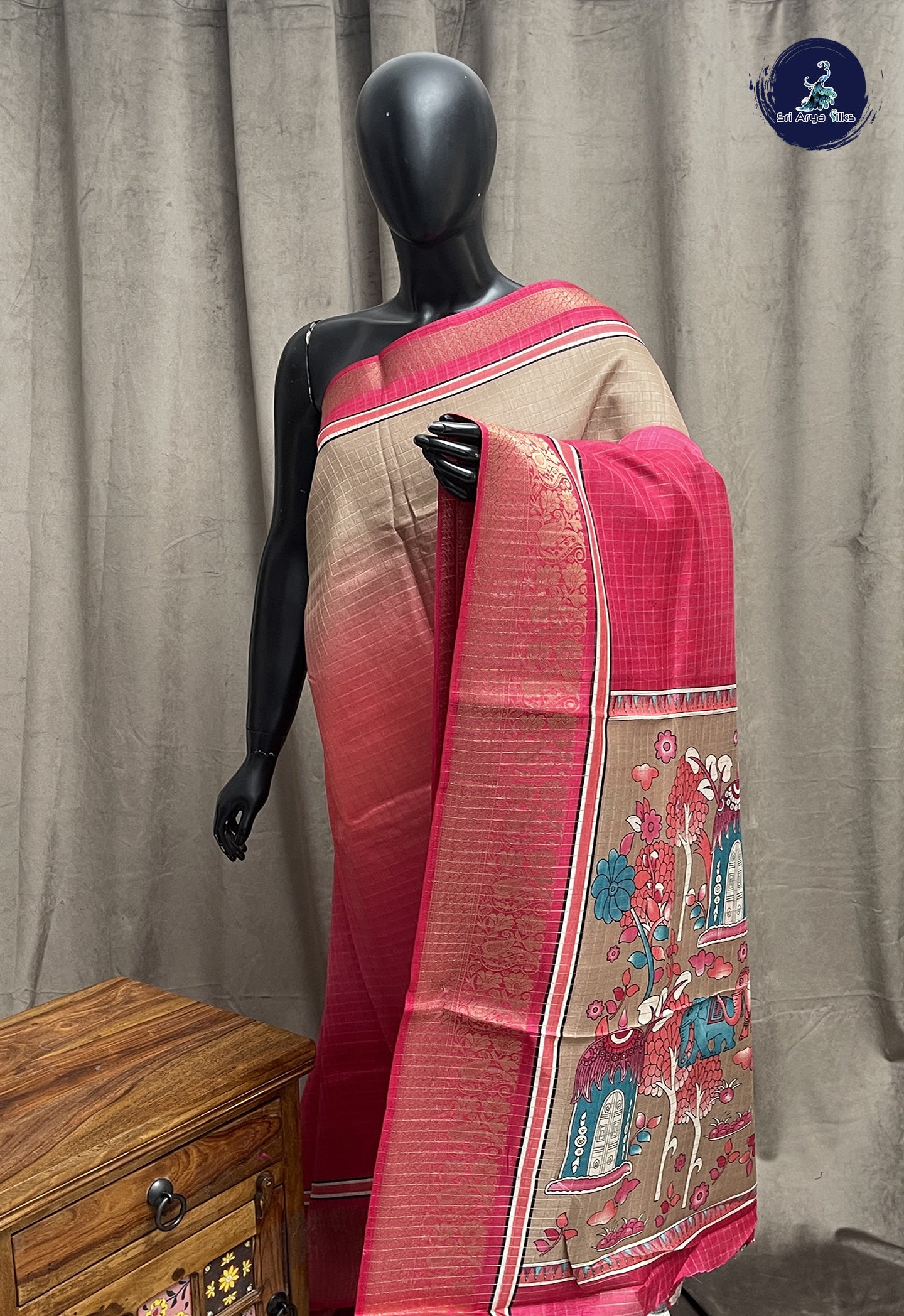 Multi Colour Semi Raw Silk Saree With Checked Pattern