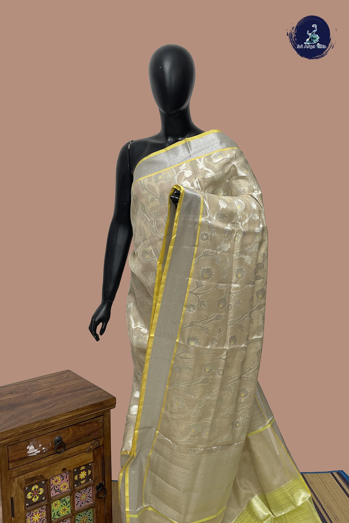 Fawn Semi Banarasi Saree With Zari Woven Pattern