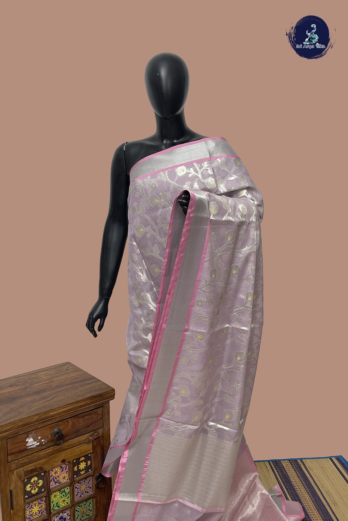 Light Pink Semi Banarasi Saree With Zari Woven Pattern