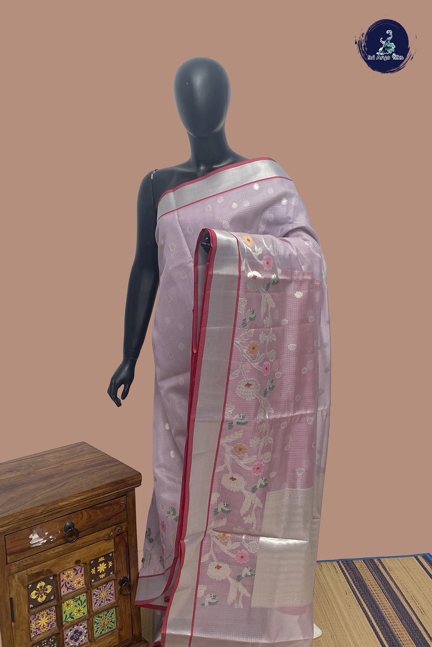 Light Pink Semi Banarasi Saree With Zari Buttas Pattern