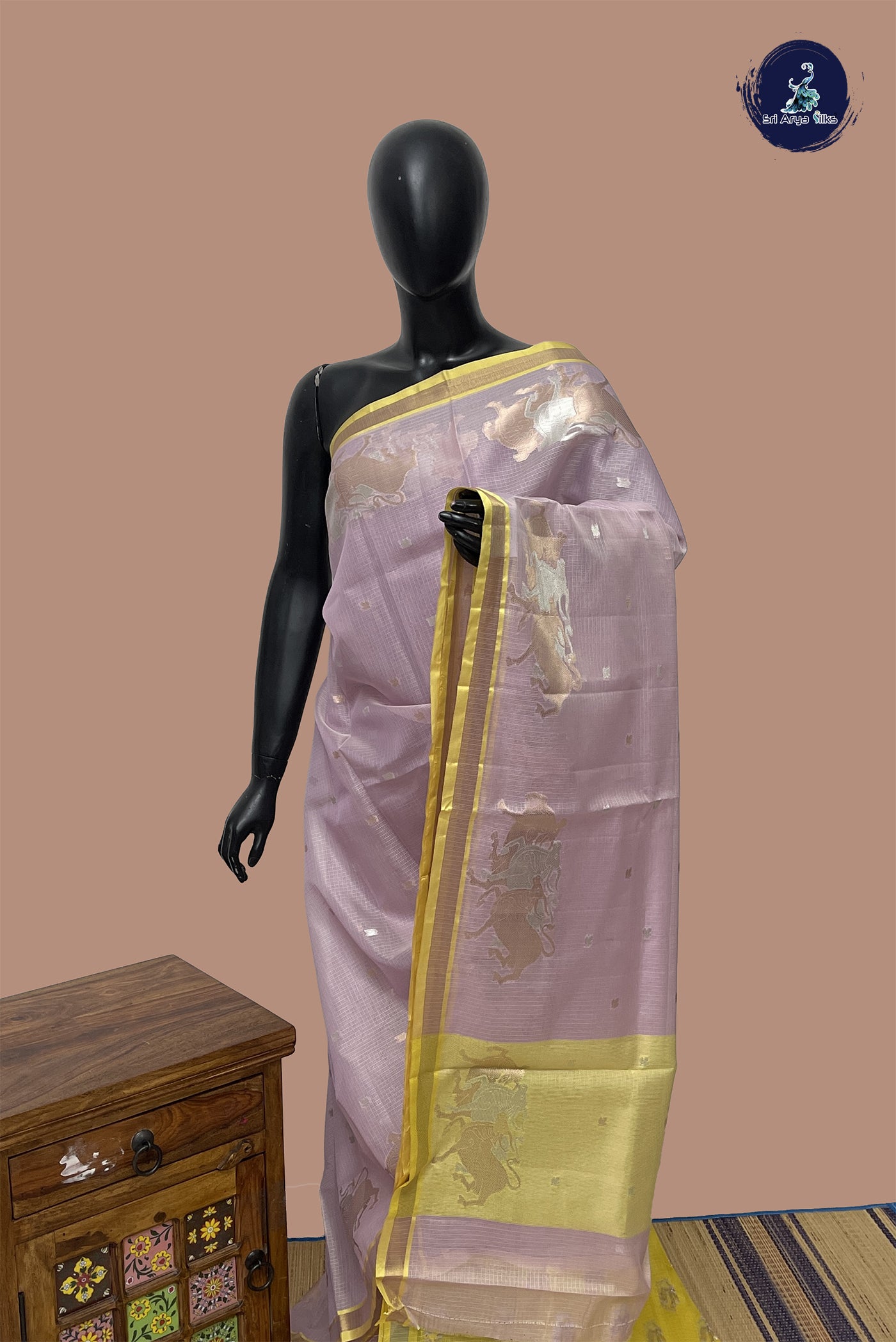 Peach Pink Semi Banarasi Saree With Zari Buttas Pattern