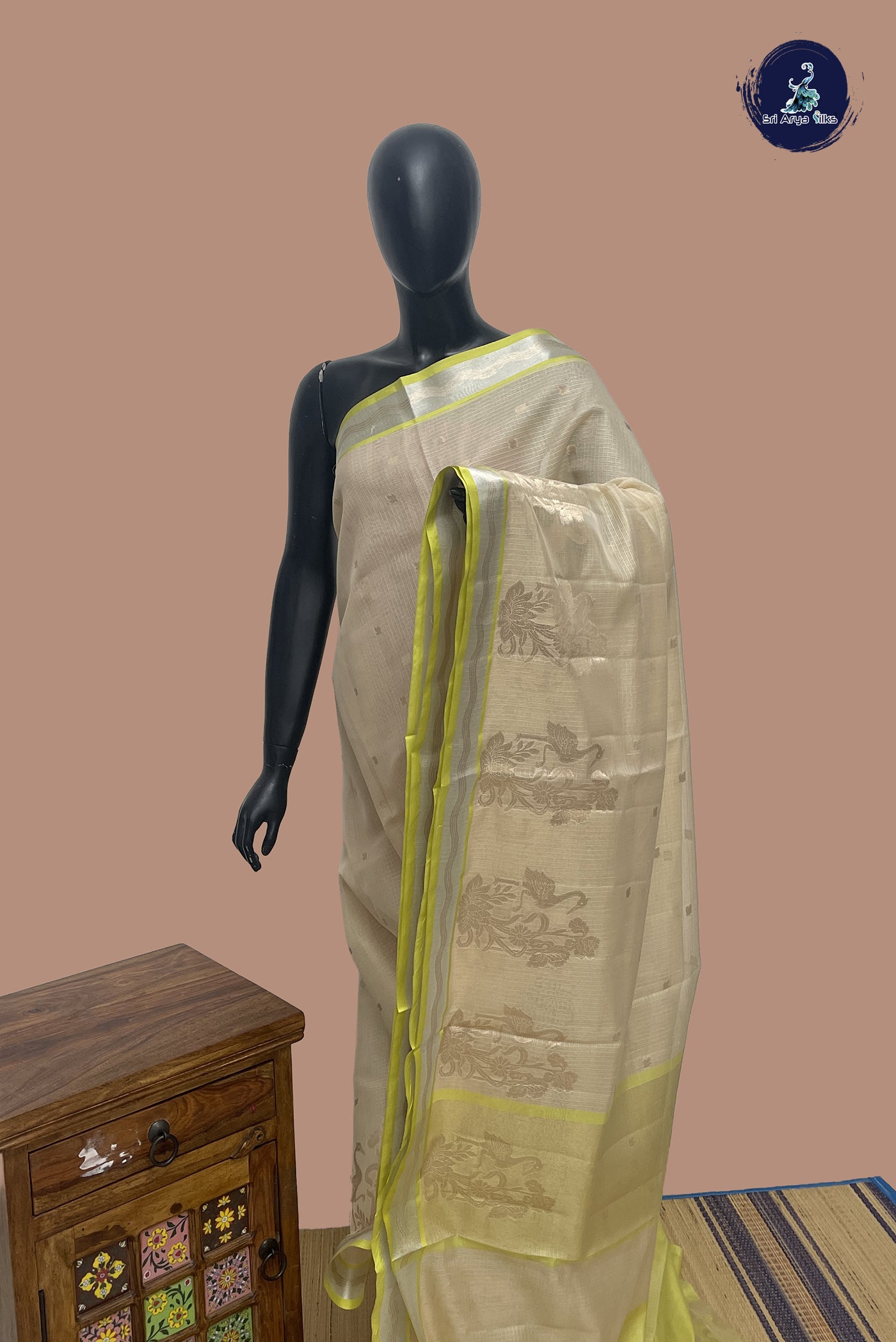Fawn Semi Banarasi Saree With Zari Buttas Pattern