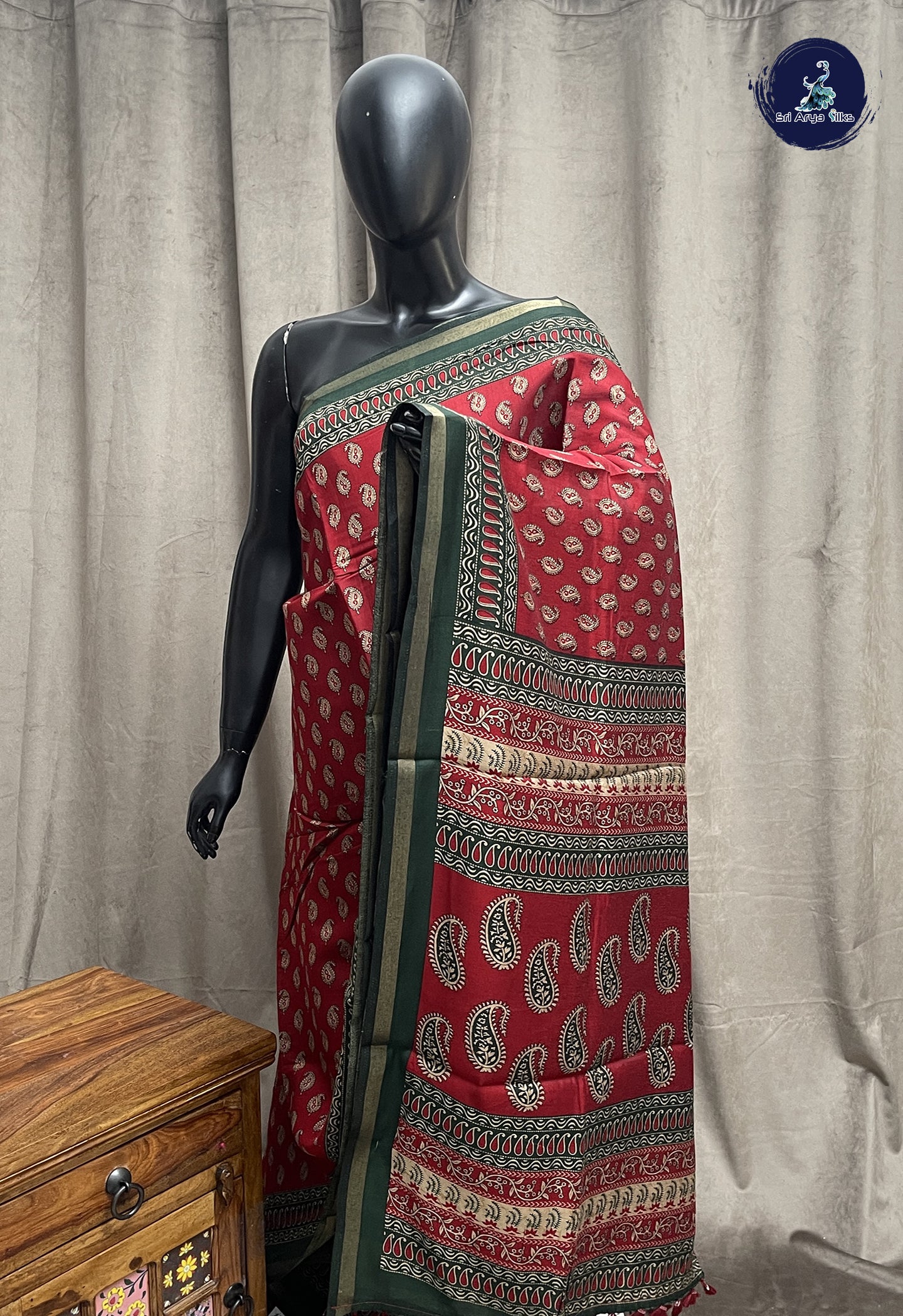 Red Mangalgiri Cotton Saree With Printed Pattern