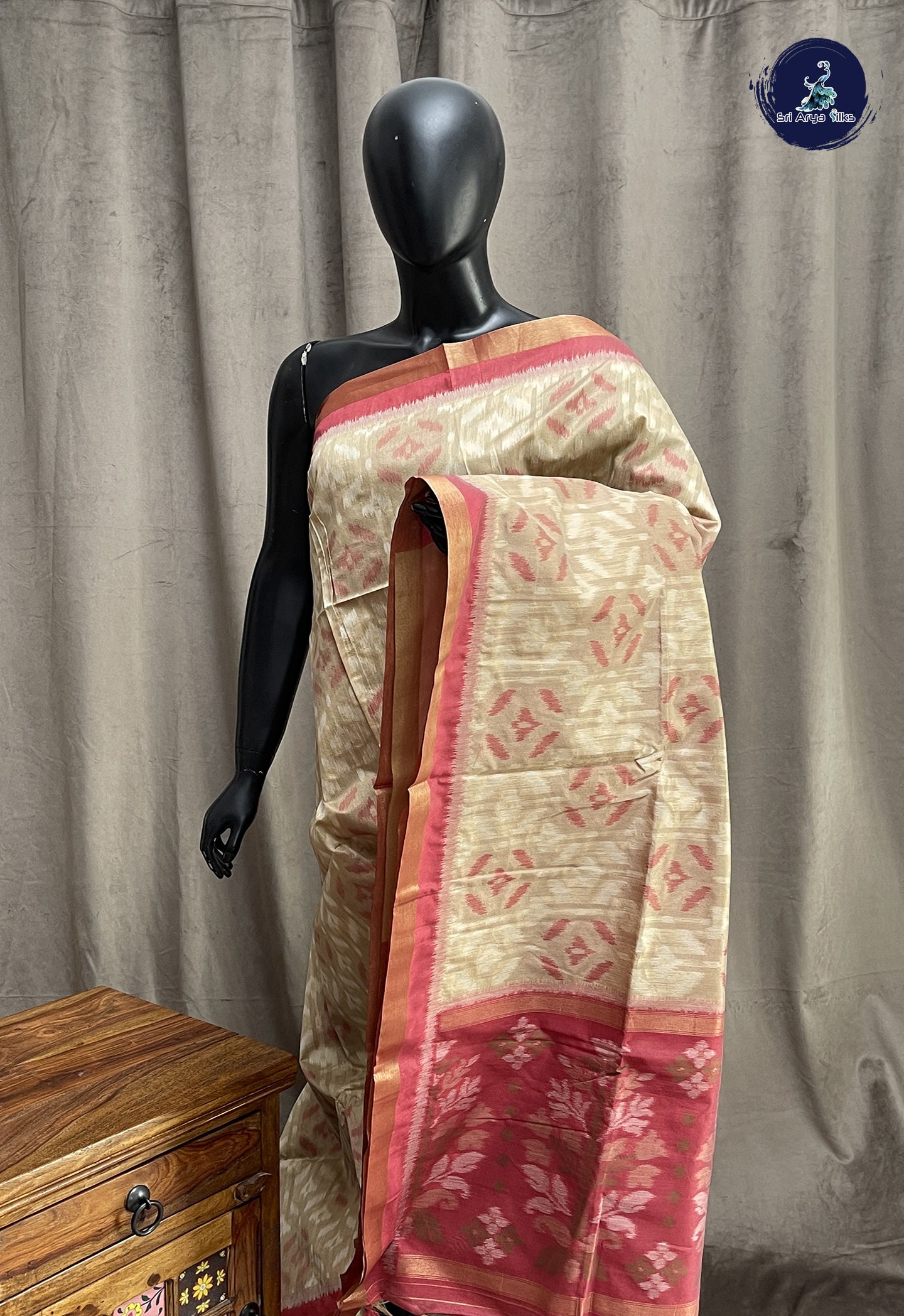 Beige Semi Raw Silk Saree With Ikat Pattern