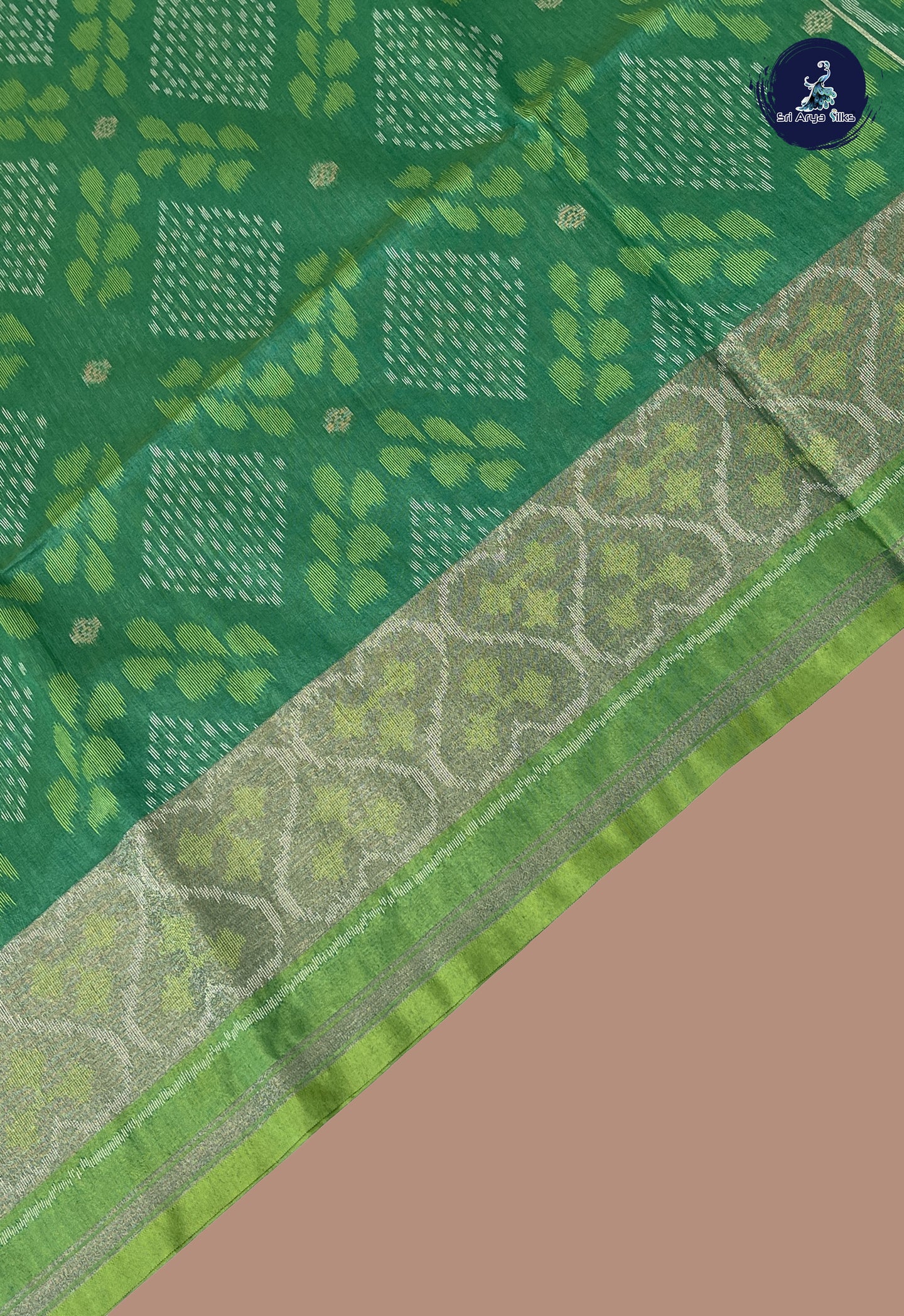 Green Semi Raw Silk Saree With Ikat Pattern