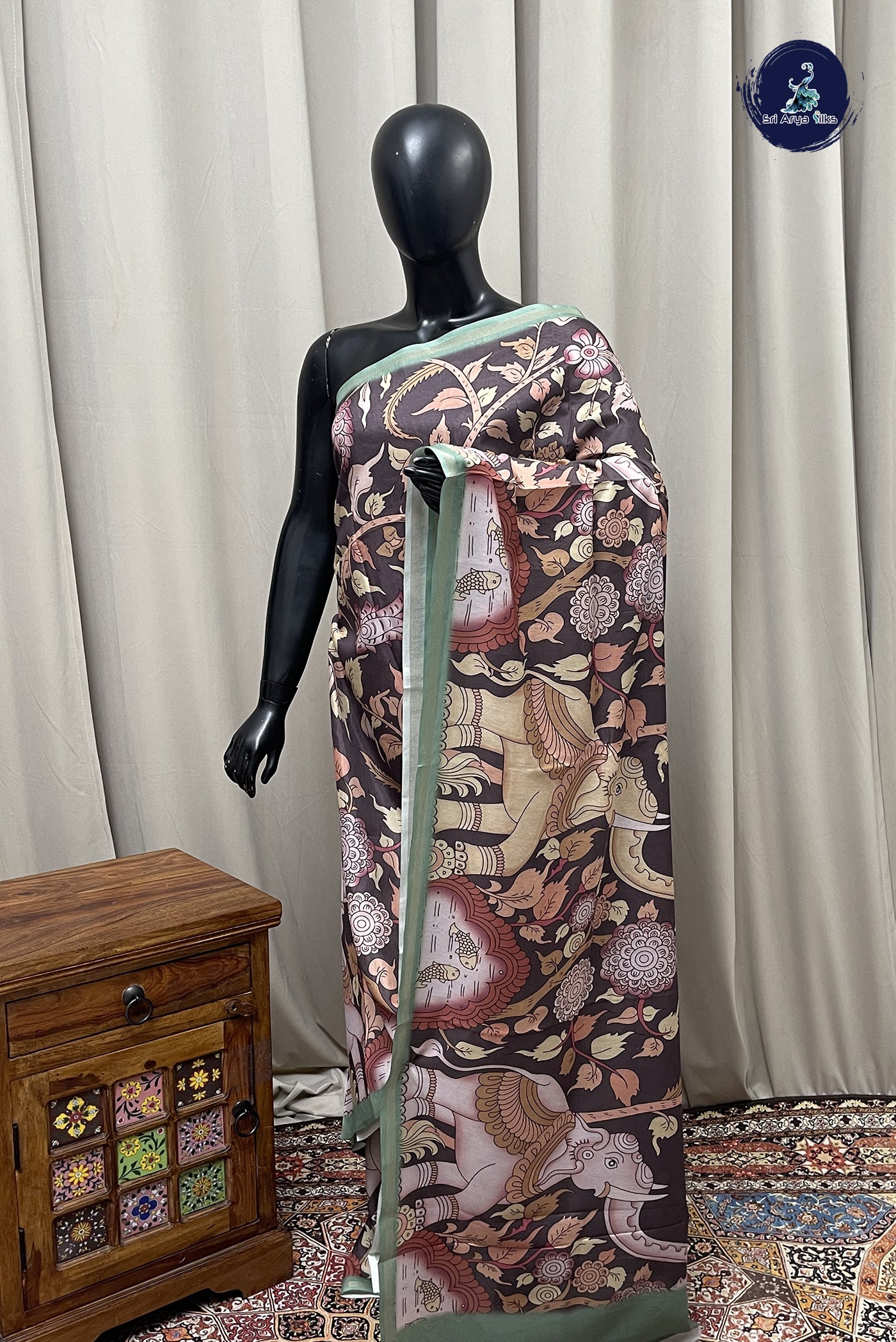 Dual Tone Grey Semi Grape Silk Saree With Kalamkari Pattern