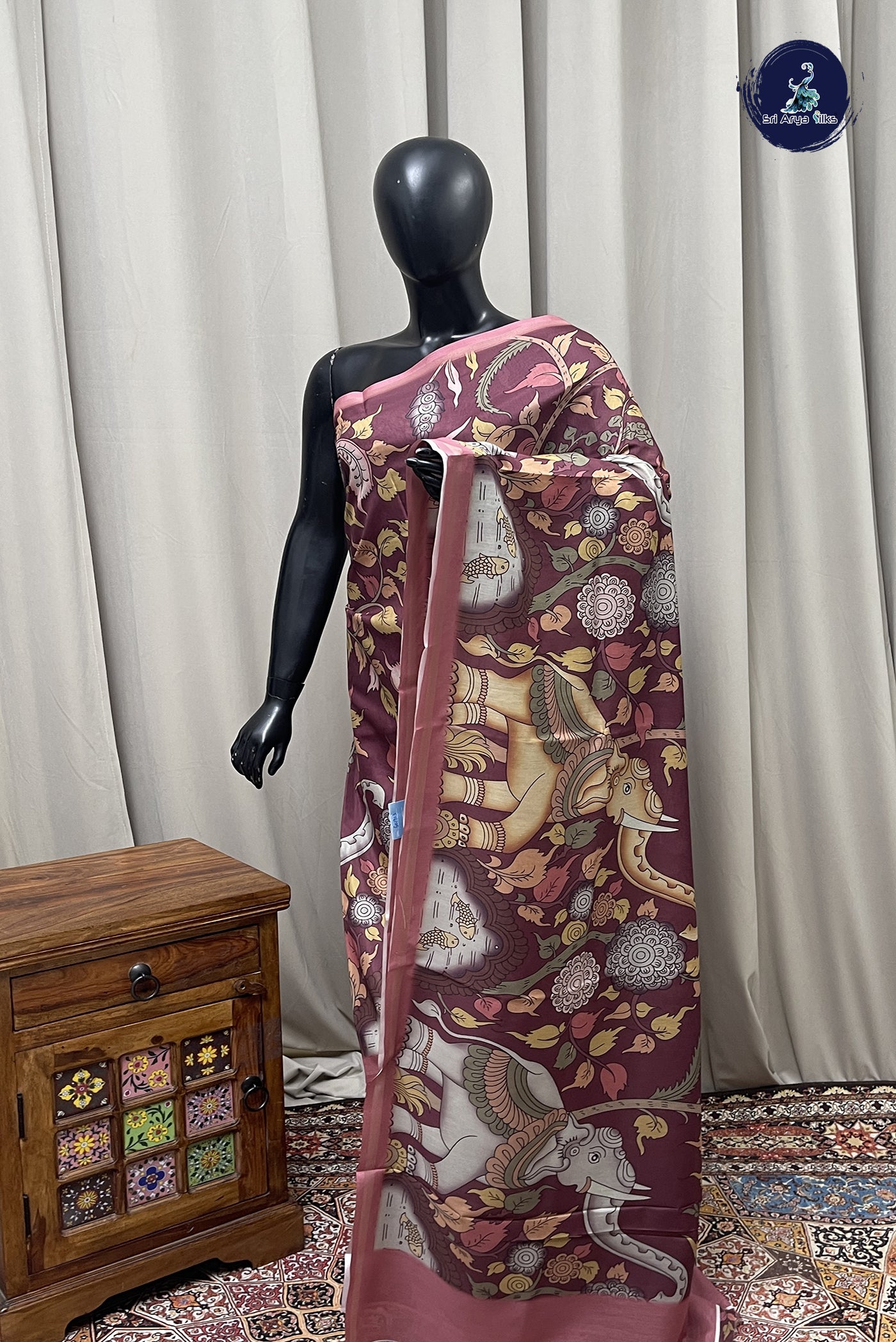 Light Burgundy Semi Grape Silk Saree With Kalamkari Pattern