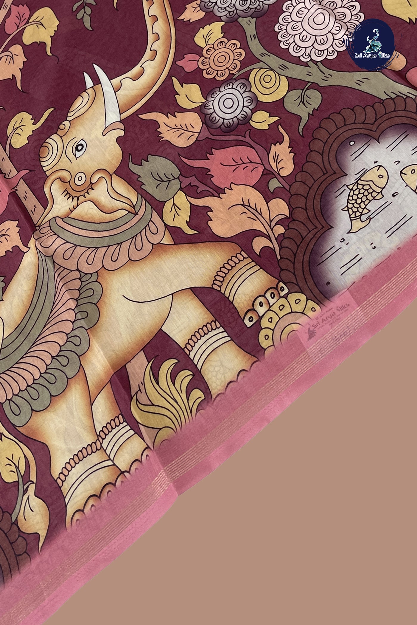 Light Burgundy Semi Grape Silk Saree With Kalamkari Pattern