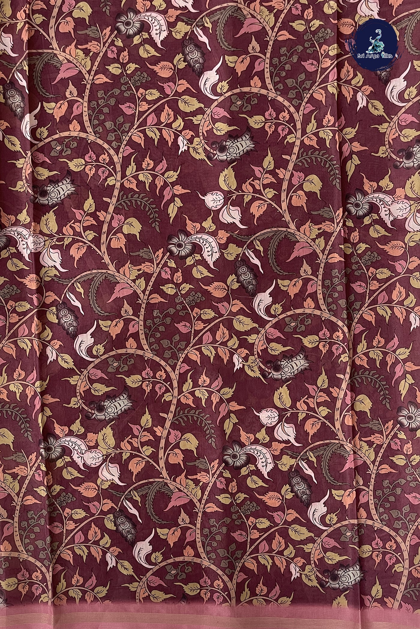 Light Burgundy Semi Grape Silk Saree With Kalamkari Pattern