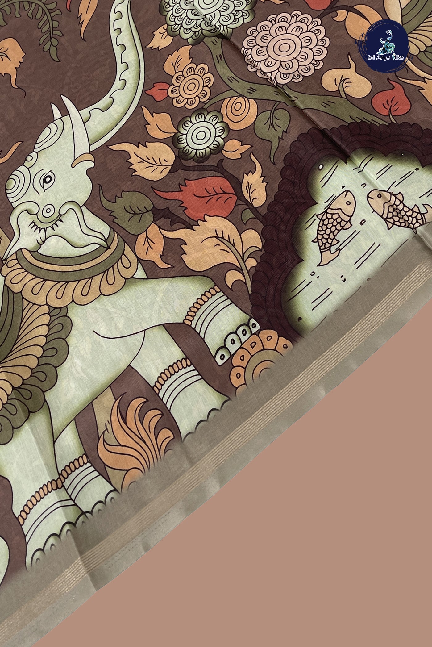 Greenish Grey Semi Grape Silk Saree With Kalamkari Pattern