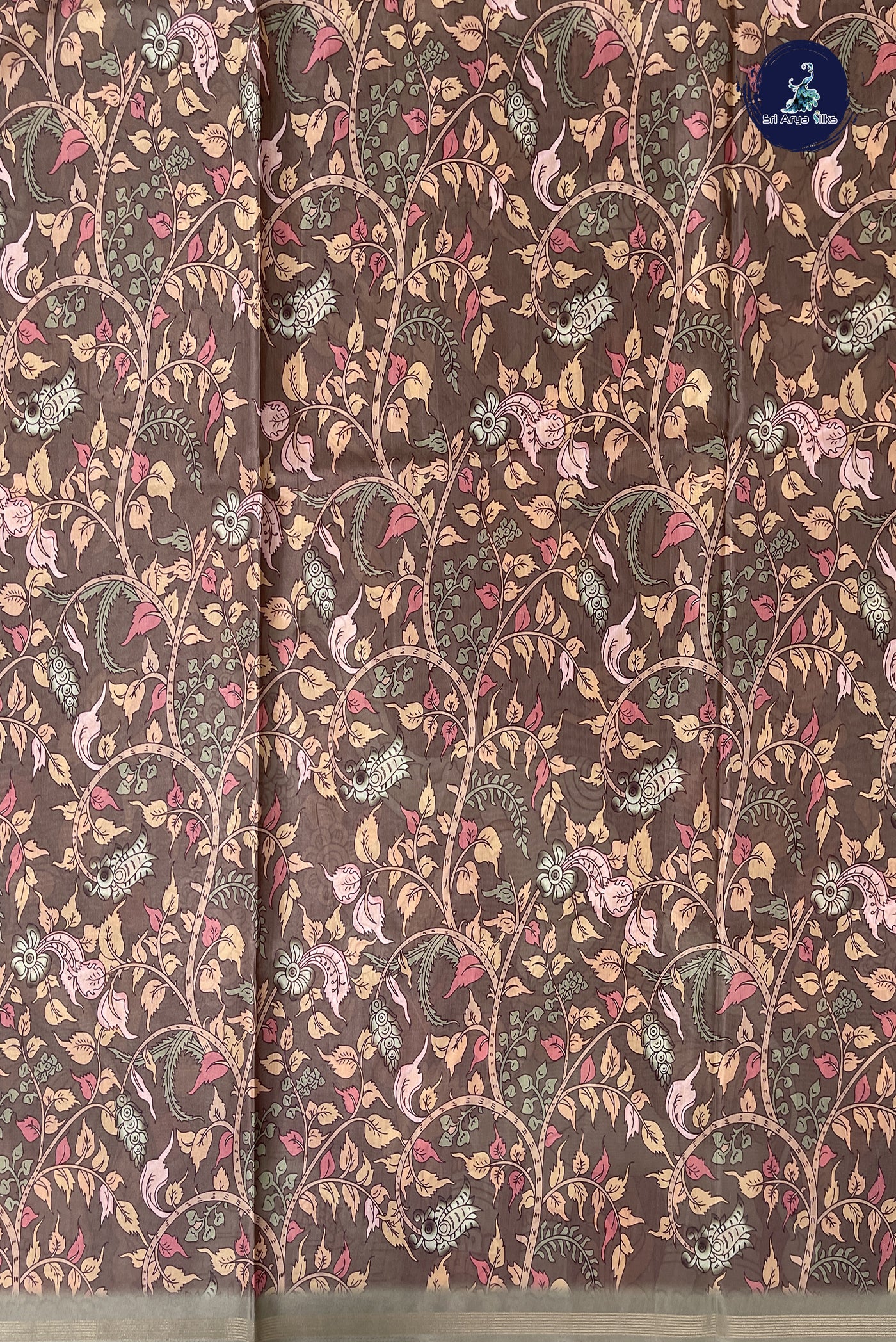 Greenish Grey Semi Grape Silk Saree With Kalamkari Pattern