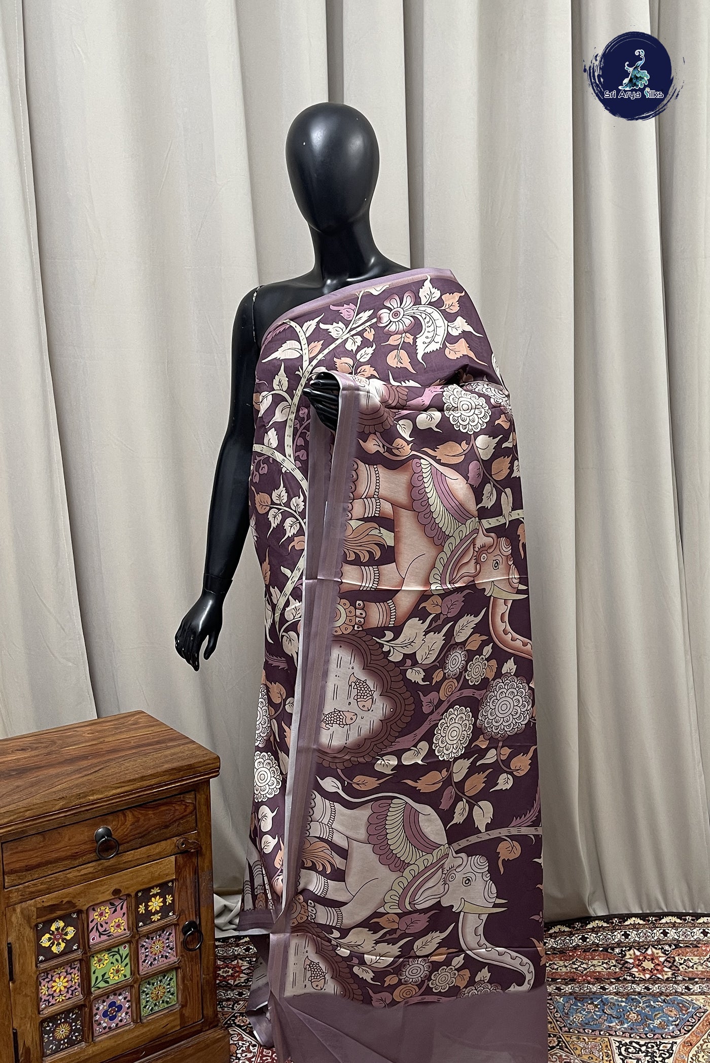 Mauve Semi Grape Silk Saree With Kalamkari Pattern