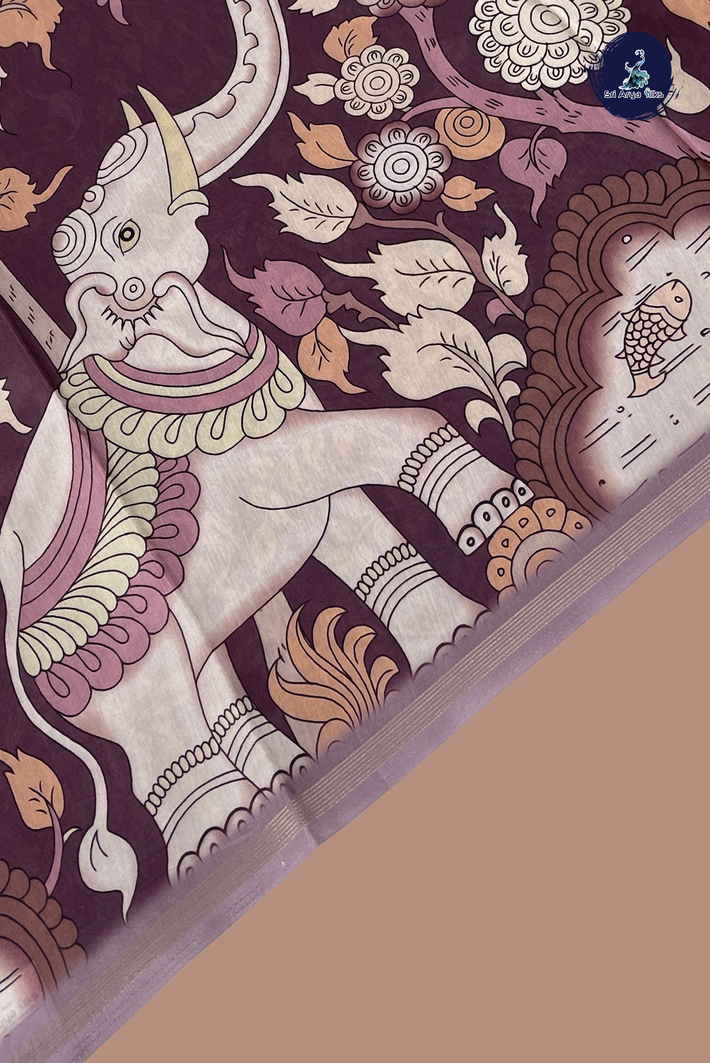 Mauve Semi Grape Silk Saree With Kalamkari Pattern